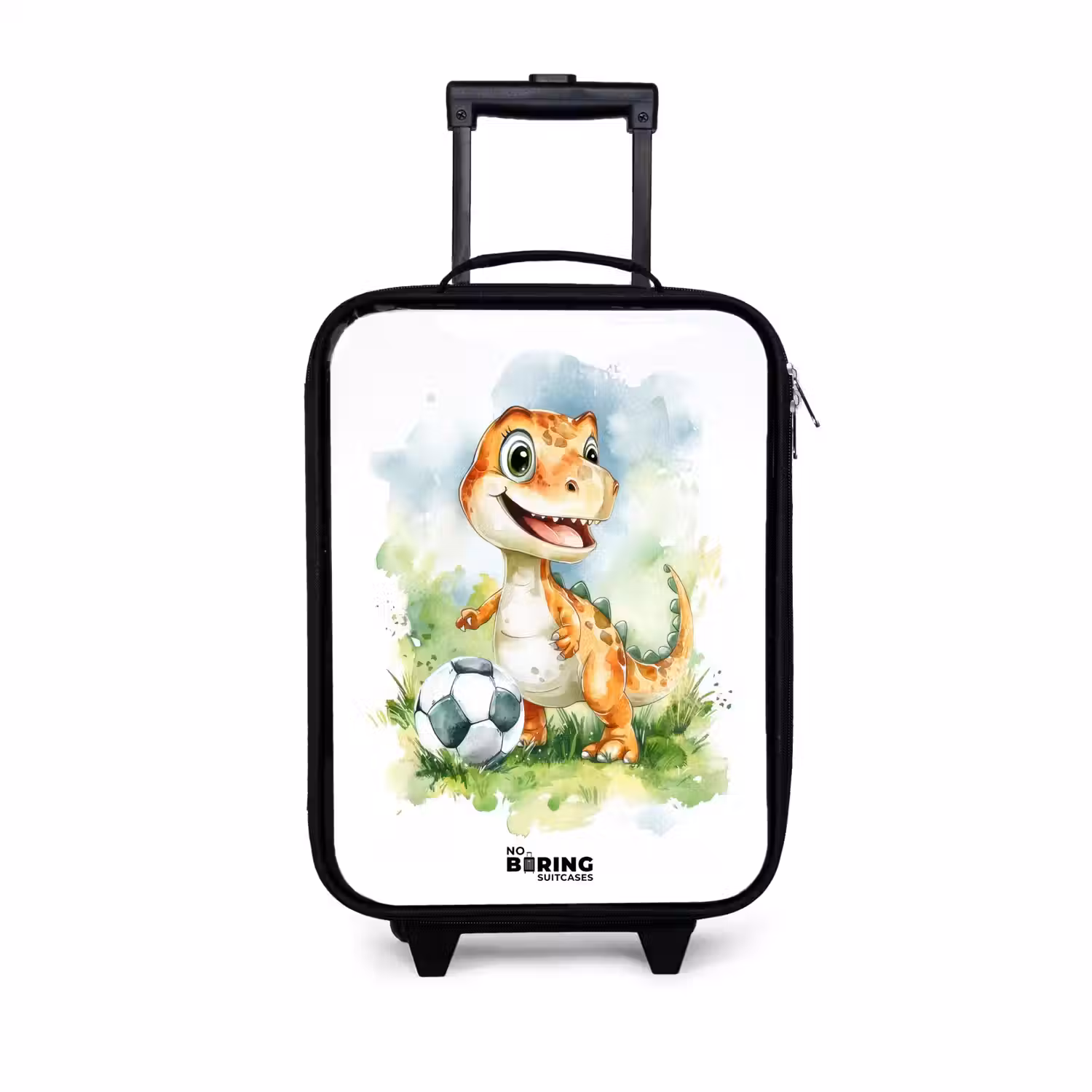 Dino met voetbal in kleurrijk veld Kinderkoffer - Zwart klein -3d