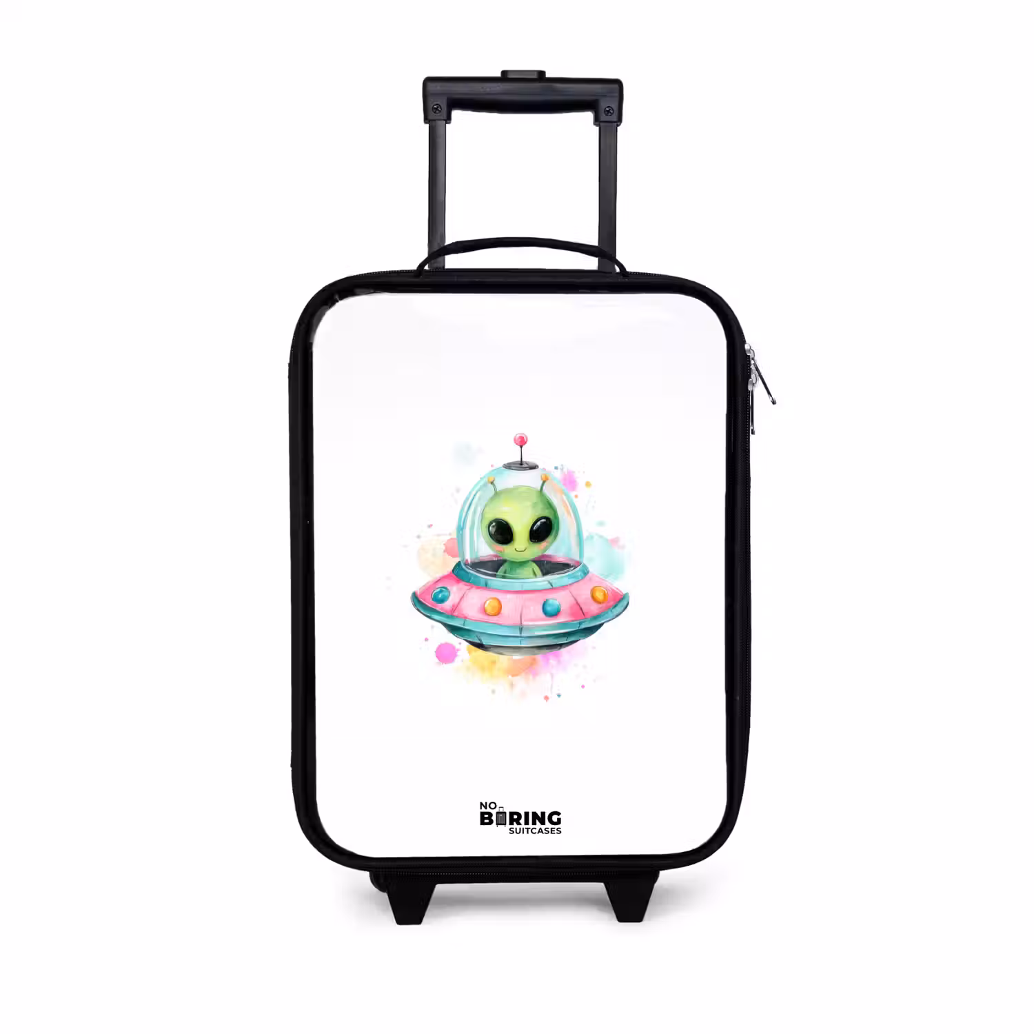 Groene alien in kleurrijke UFO Kinderkoffer - Zwart klein -3d