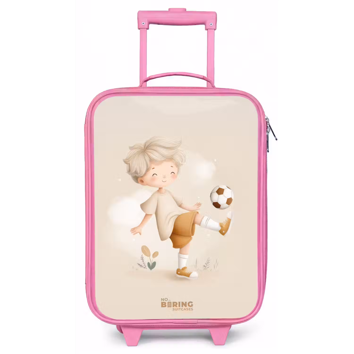 Jongen met een voetbal in beige kleuren Kinderkoffer - Roze klein -zz3dotto