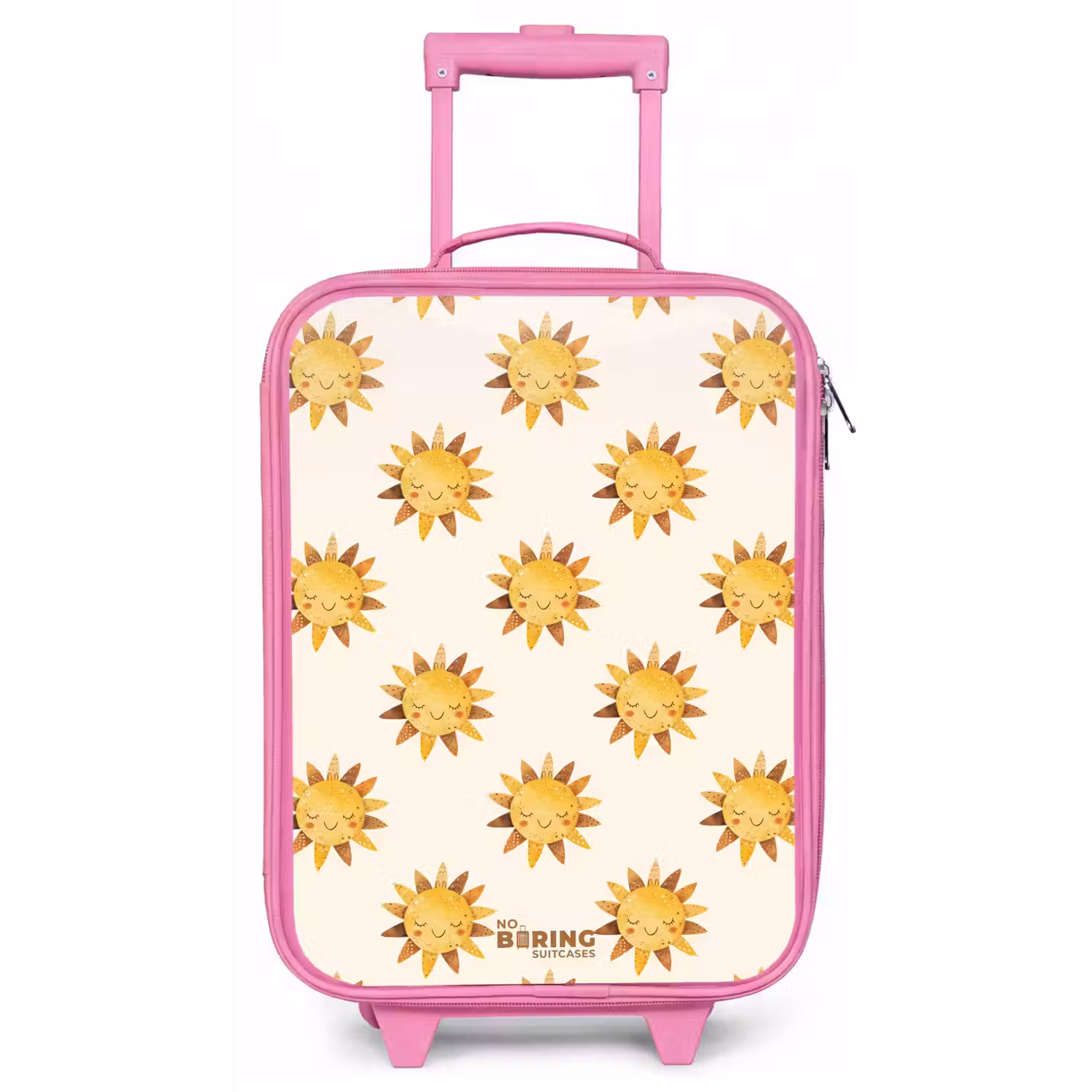 Lachende zonnetjes als patroon op beige achtergrond Kinderkoffer - Roze klein -zz3dotto