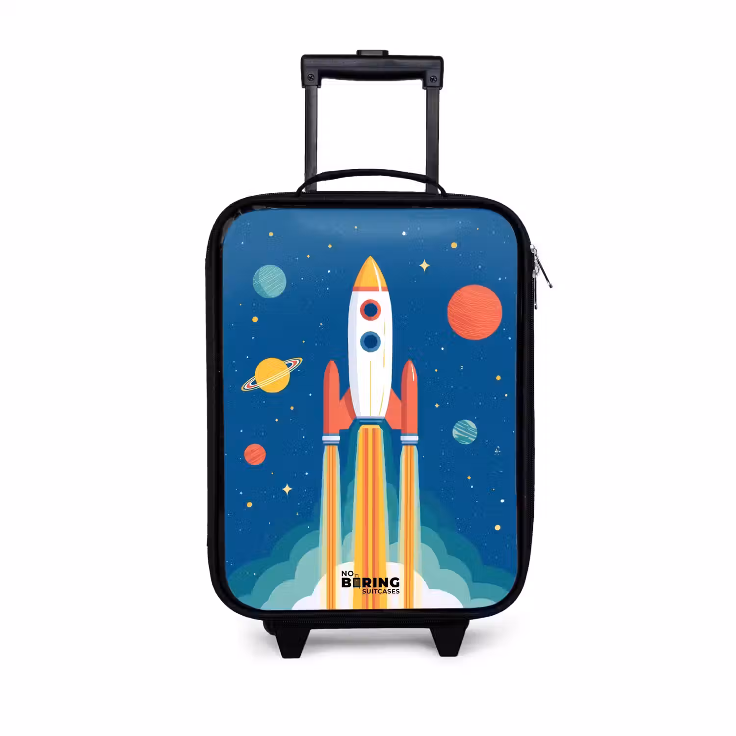 Raket - Planeet - Sterren - Veelkleurig Kinderkoffer - Zwart klein -3d