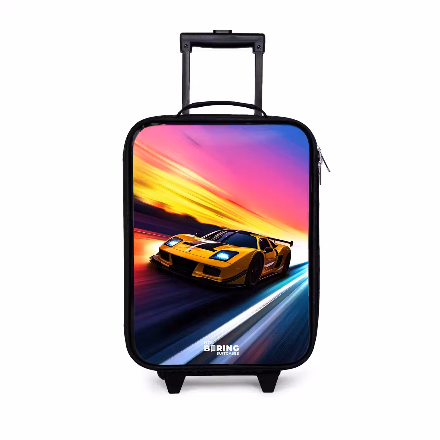 Gele raceauto bij kleurrijke zonsondergang Kinderkoffer - Zwart klein -3d