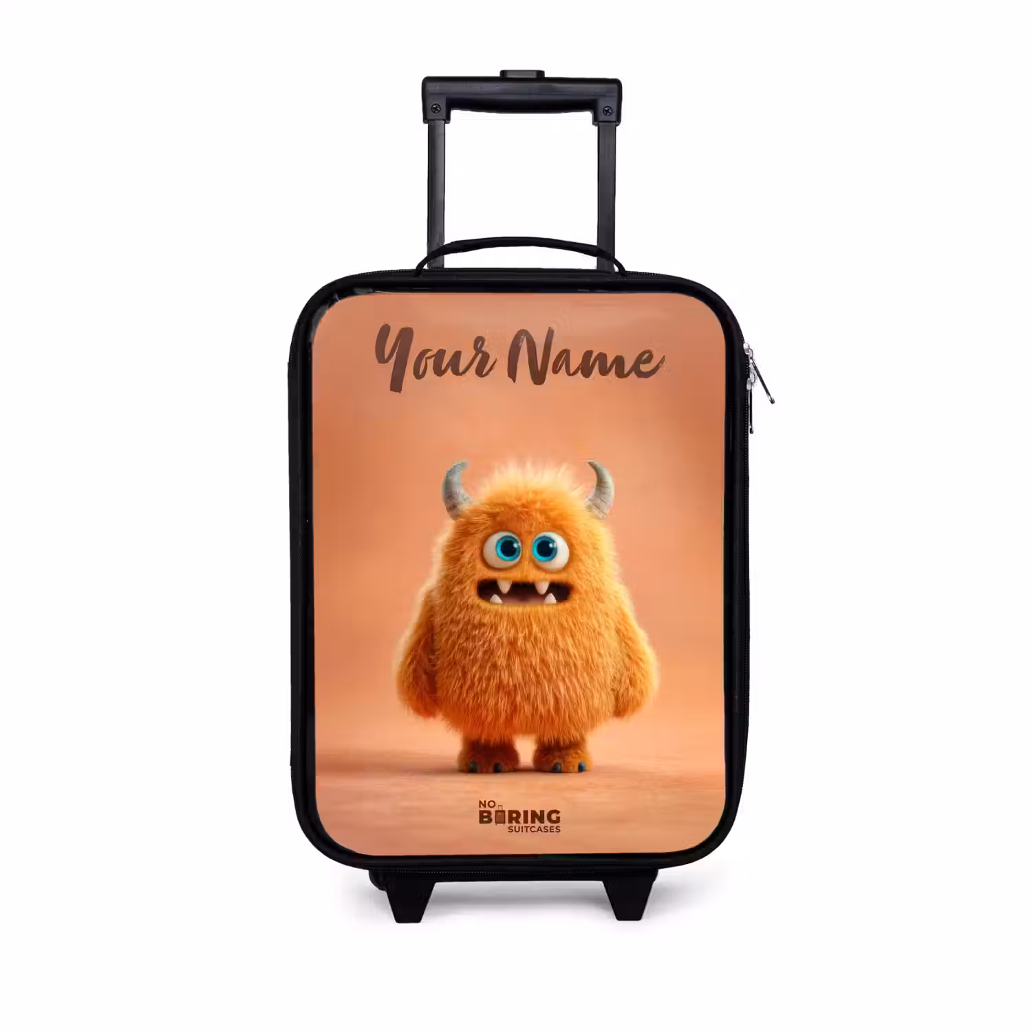 Oranje Pluizig Monster met Hoorns Kinderkoffer - Zwart klein -3d