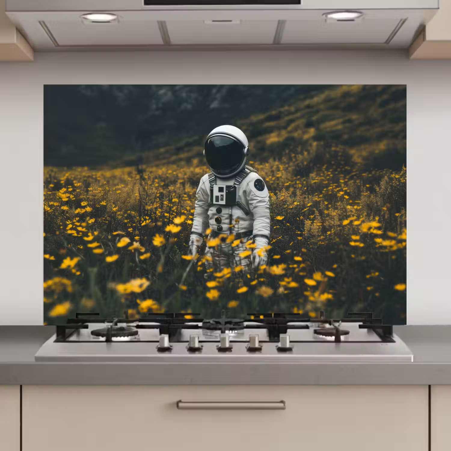 Astronaut - Bloemen - Veld - Geel keuken achterwand spatscherm klein -3d_website