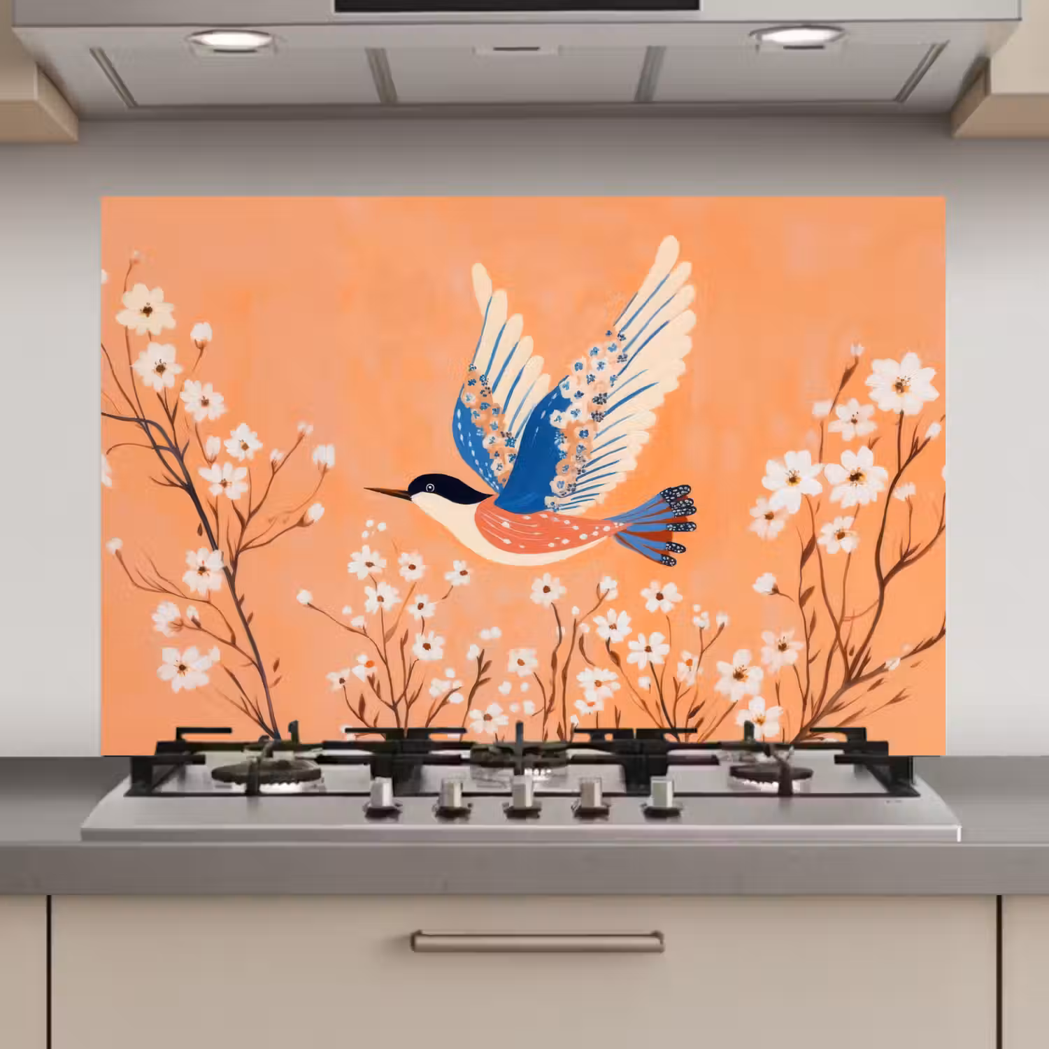 Vogel - Bloesemtakken - Warm - Kleurrijk keuken achterwand spatscherm klein -3d_website