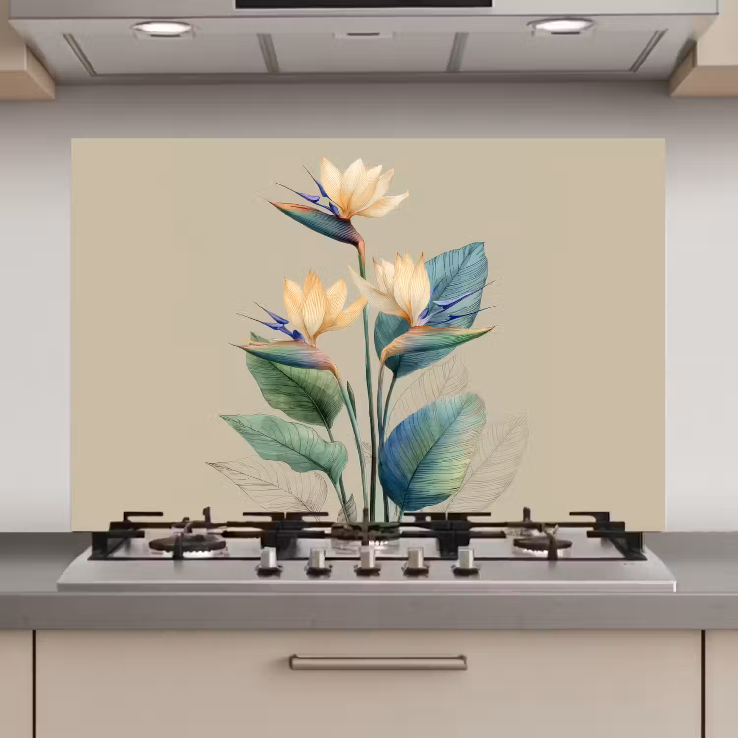 Paradijsvogelbloemen - Blauwgroene bladeren - Beige keuken achterwand spatscherm klein -3d_website
