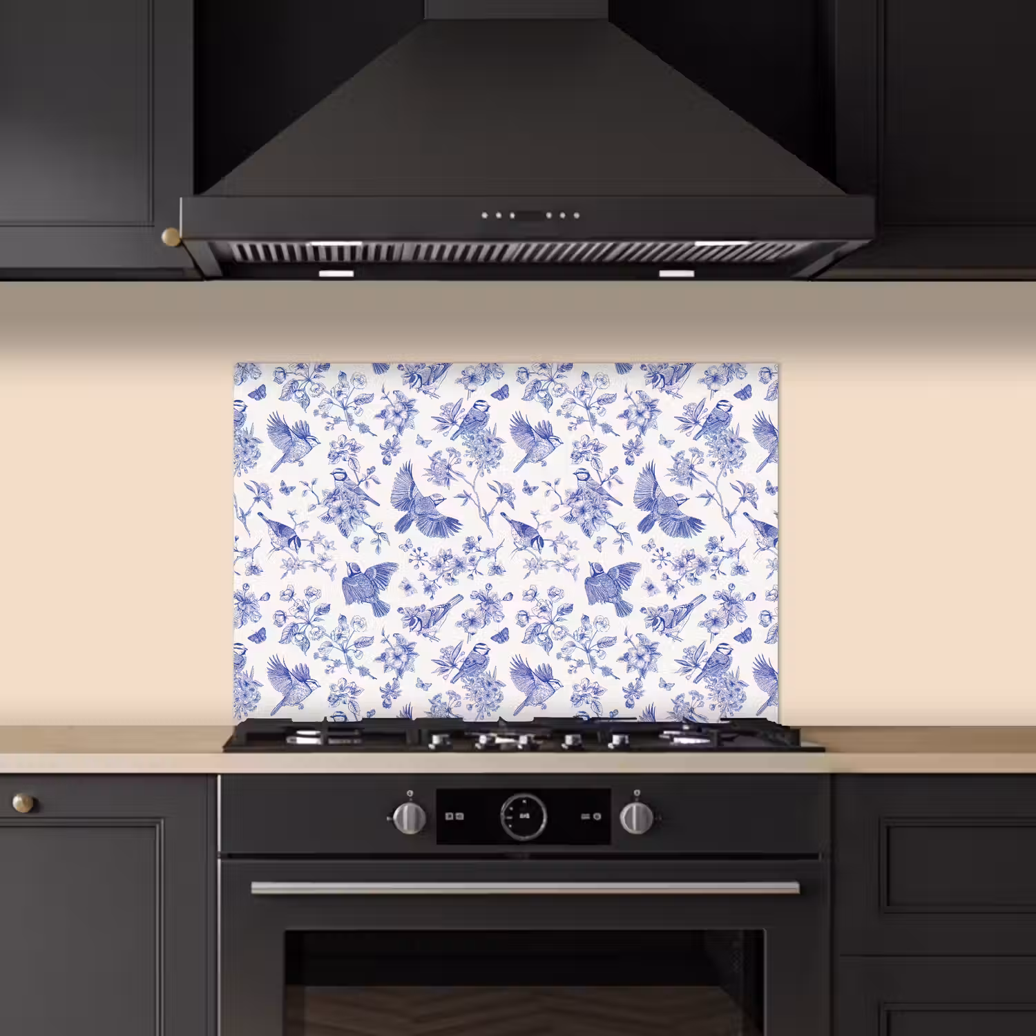 Birds - Flowers - Blue keuken achterwand spatscherm klein 900 -sfeer1