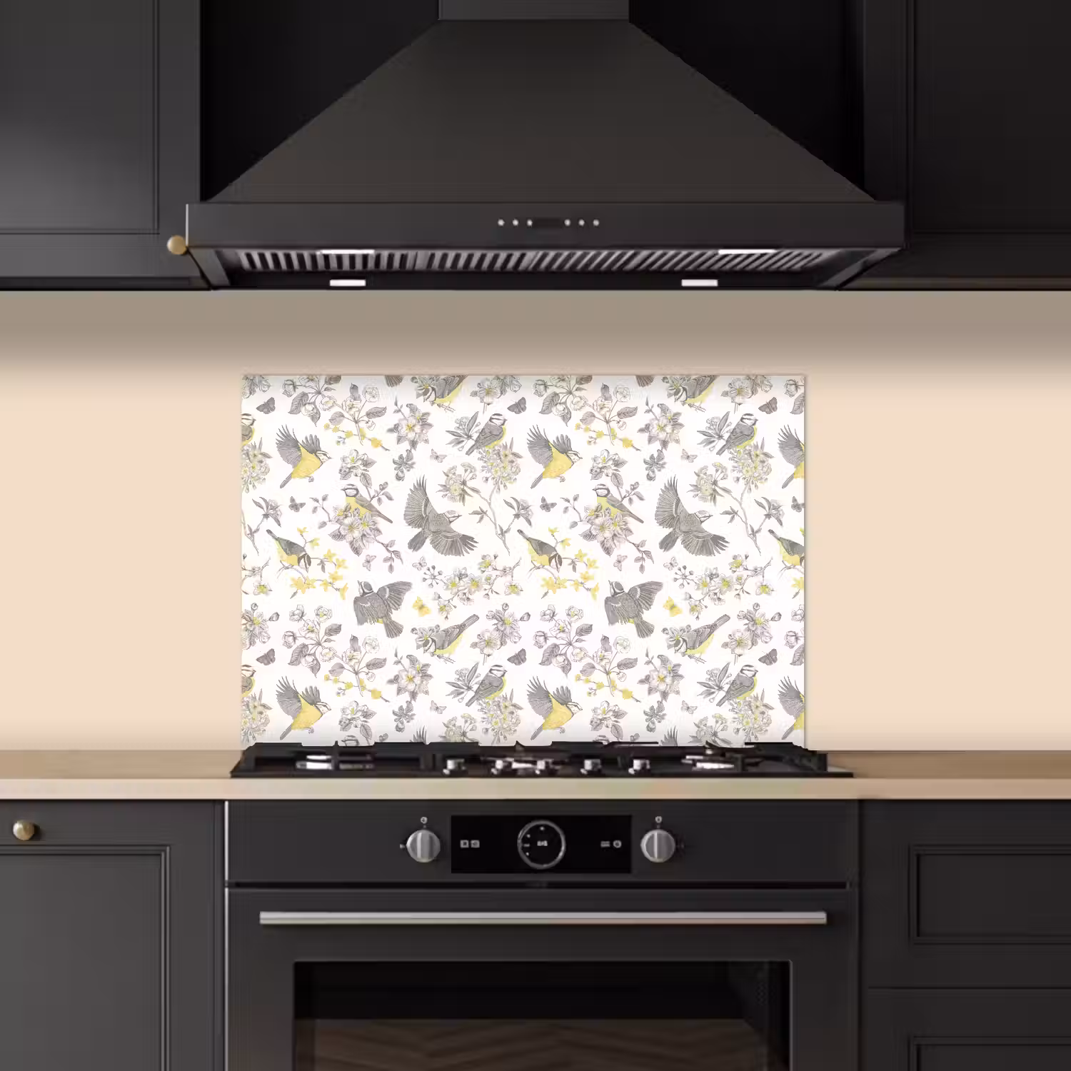 Birds - Flowers - Gray - Yellow keuken achterwand spatscherm klein 900 -sfeer1