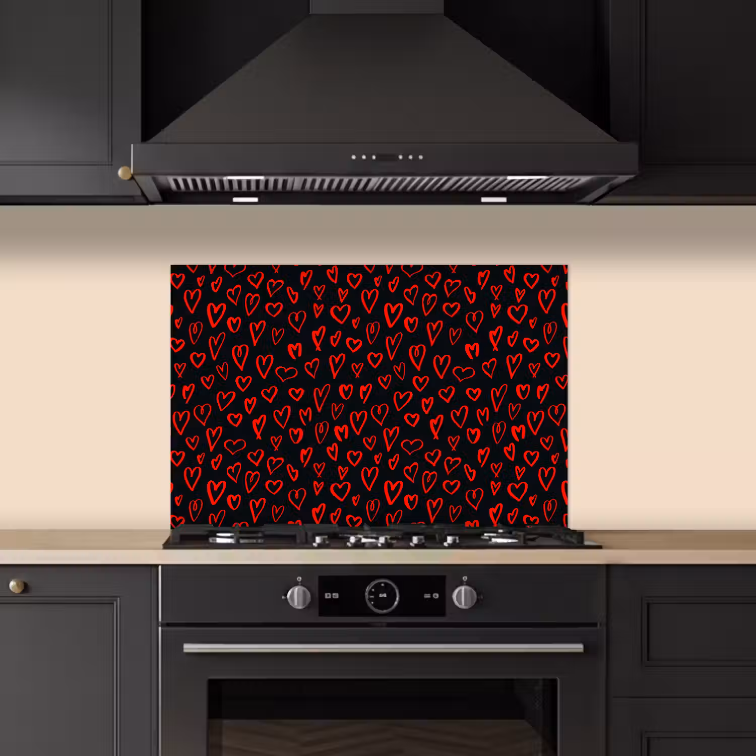 Zwart - Harten - Rood keuken achterwand spatscherm klein 900 -sfeer1