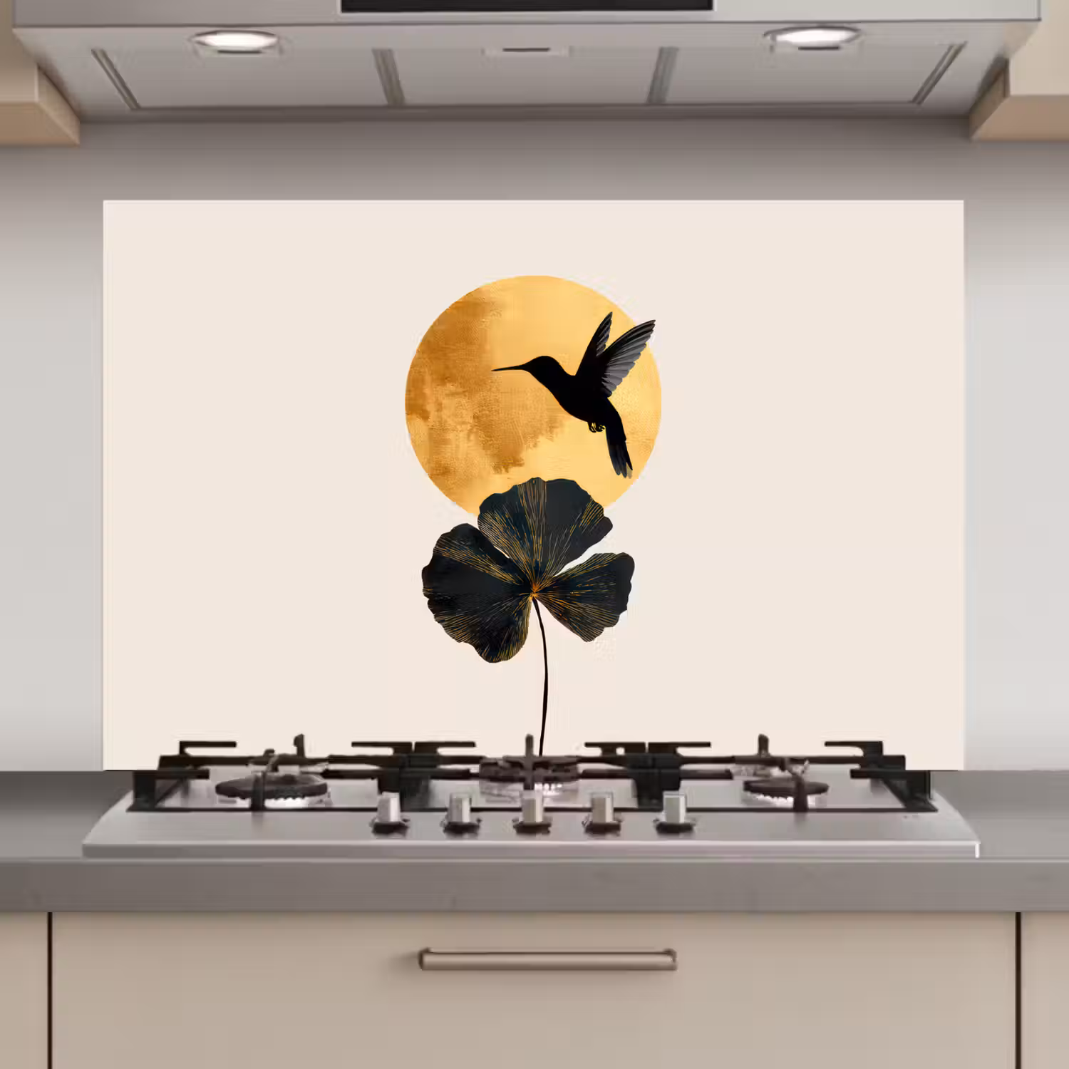 Zwarte kolibrie - Bloem - Gouden cirkel keuken achterwand spatscherm klein -3d_website