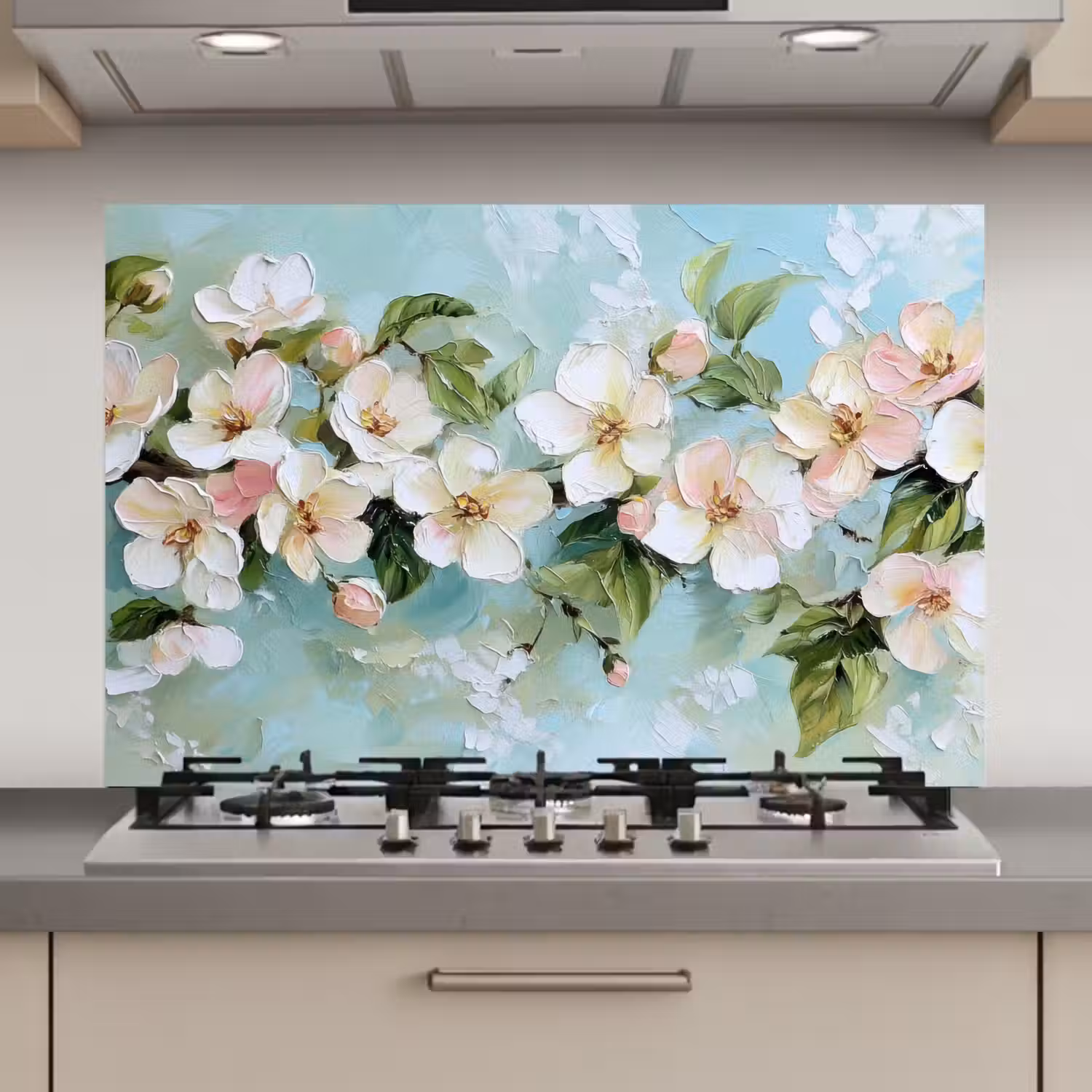 Bloesem - Bladeren - Lichtblauw keuken achterwand spatscherm klein -3d_website