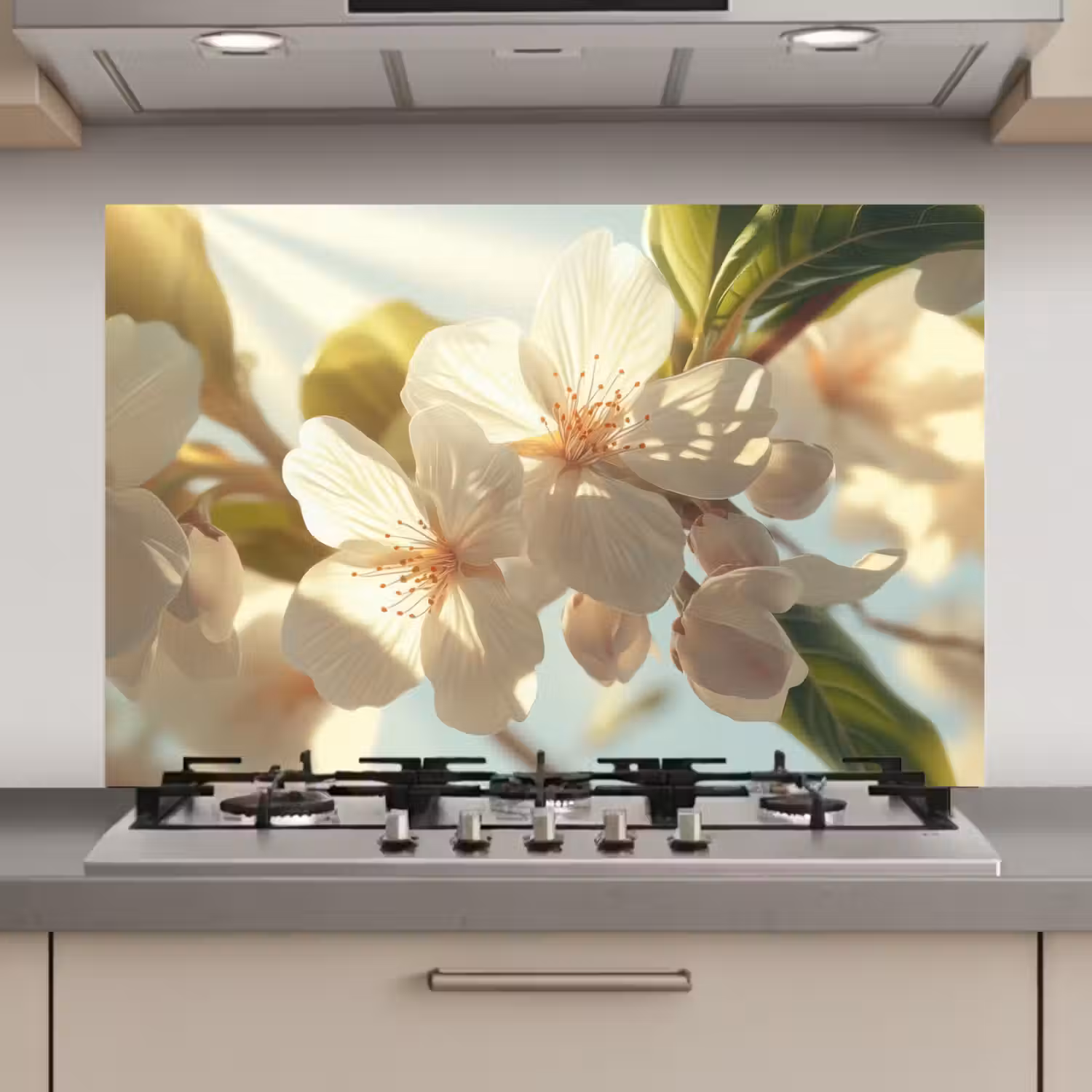 Bloesems - Wit - Zonnestralen - Bloemblaadjes keuken achterwand spatscherm klein -3d_website