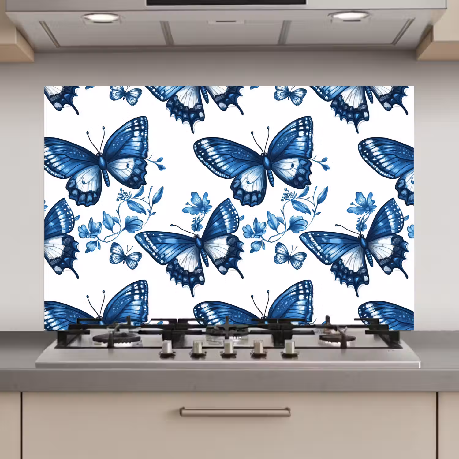 Blauw - Vlinders - Bloemen - Wit keuken achterwand spatscherm klein 900 -3d_website