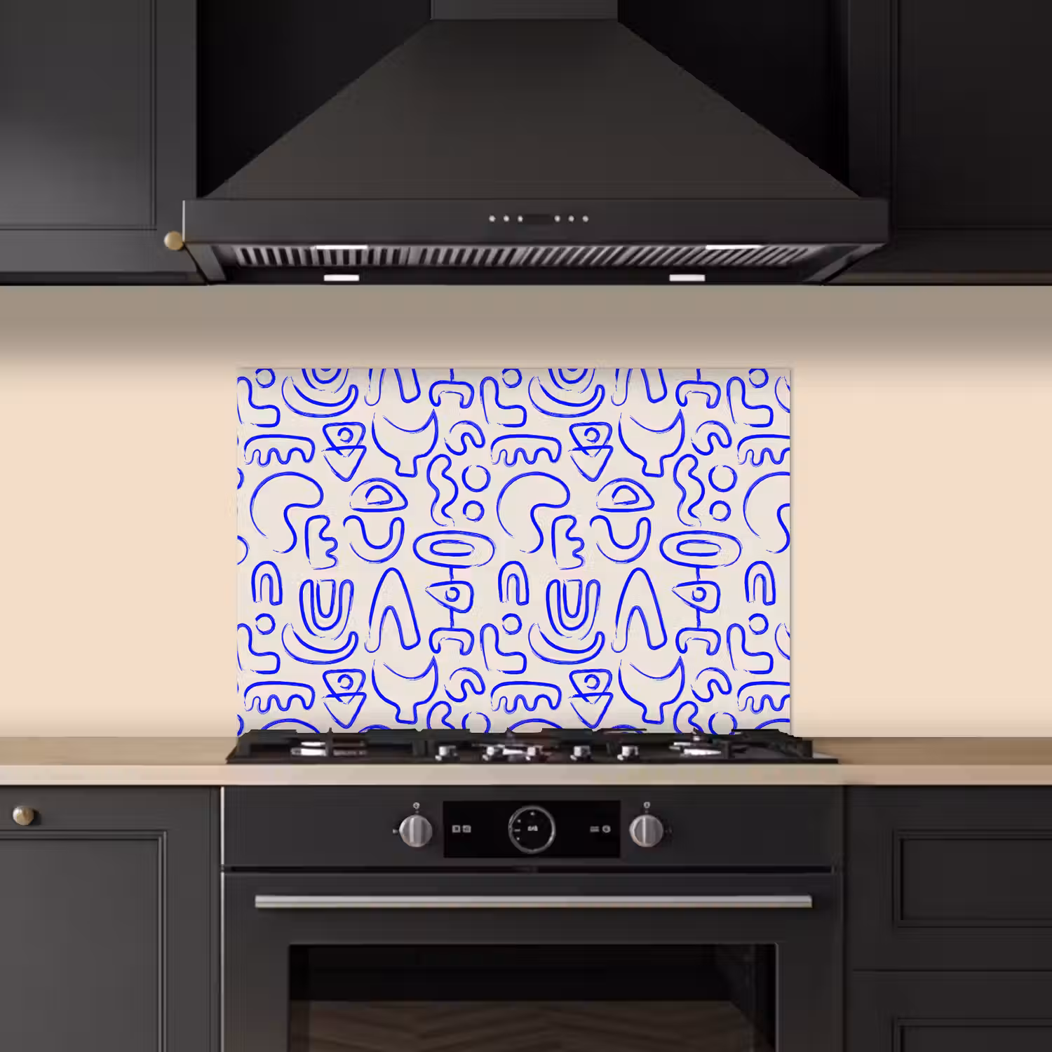 Blauw - Patroon - Abstract - Beige keuken achterwand spatscherm klein 900 -sfeer1