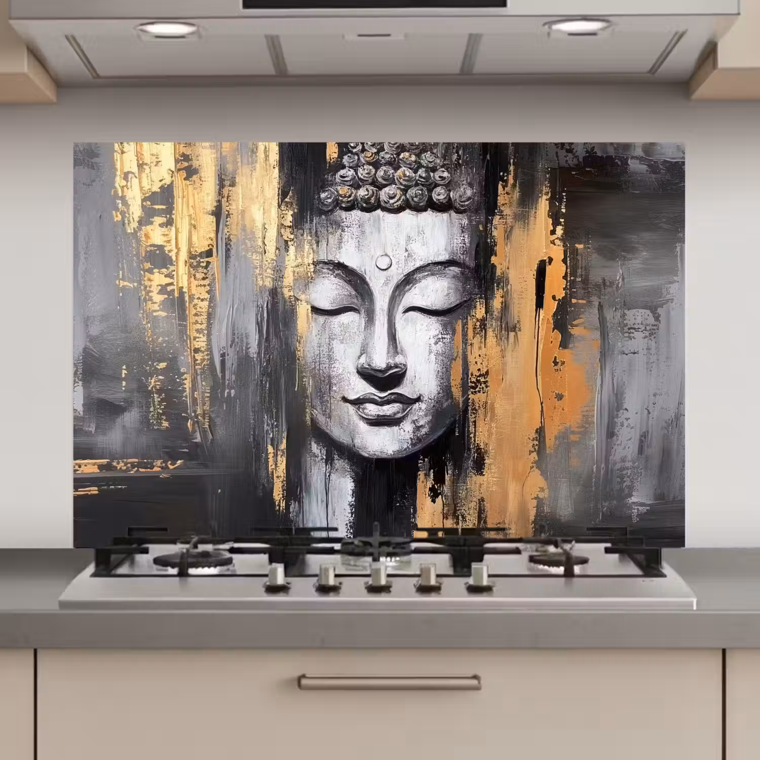 Boedhha - Penseelstreken - Goud - Abstract keuken achterwand spatscherm klein -3d_website