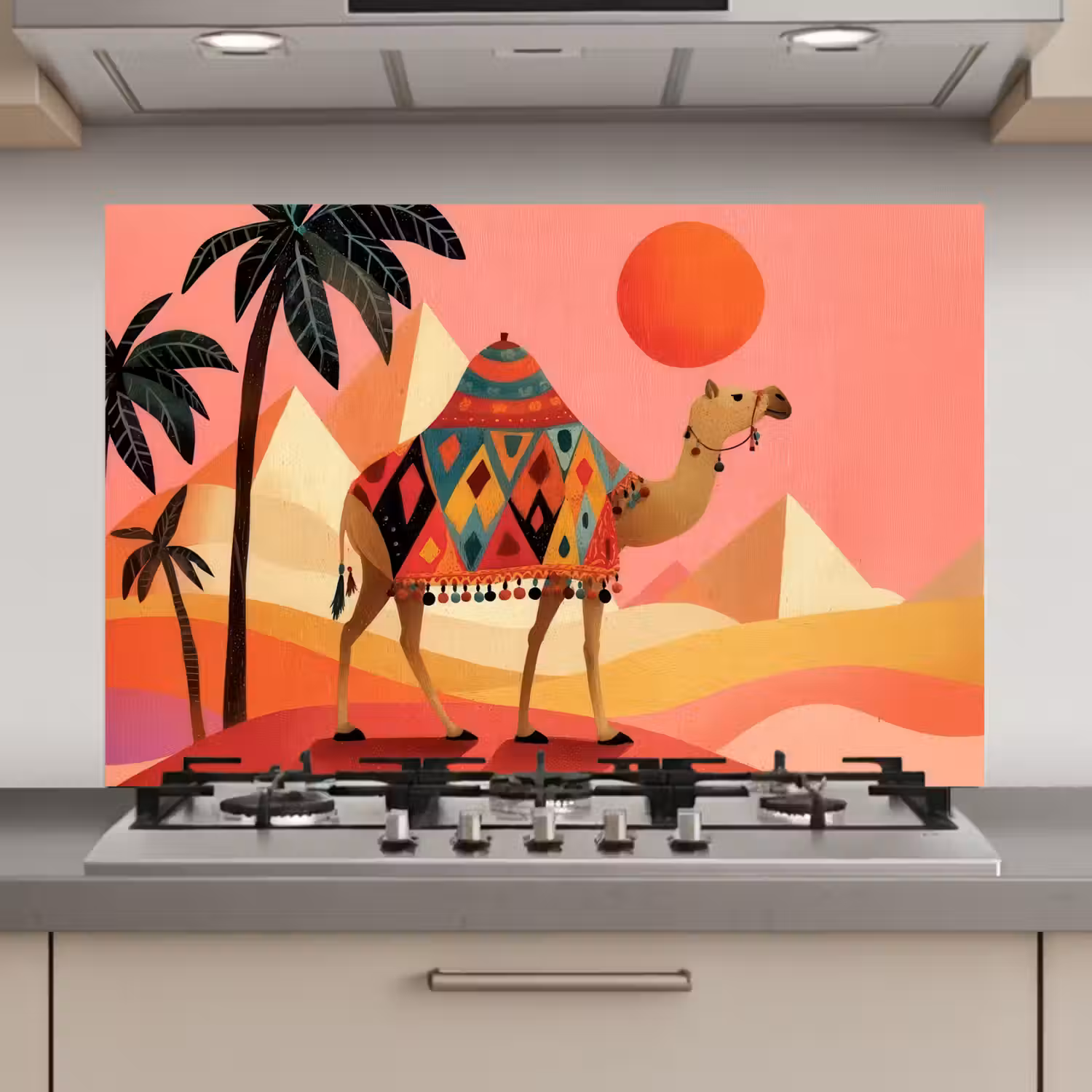 Kameel - Pyramides - Rode zon keuken achterwand spatscherm klein -3d_website