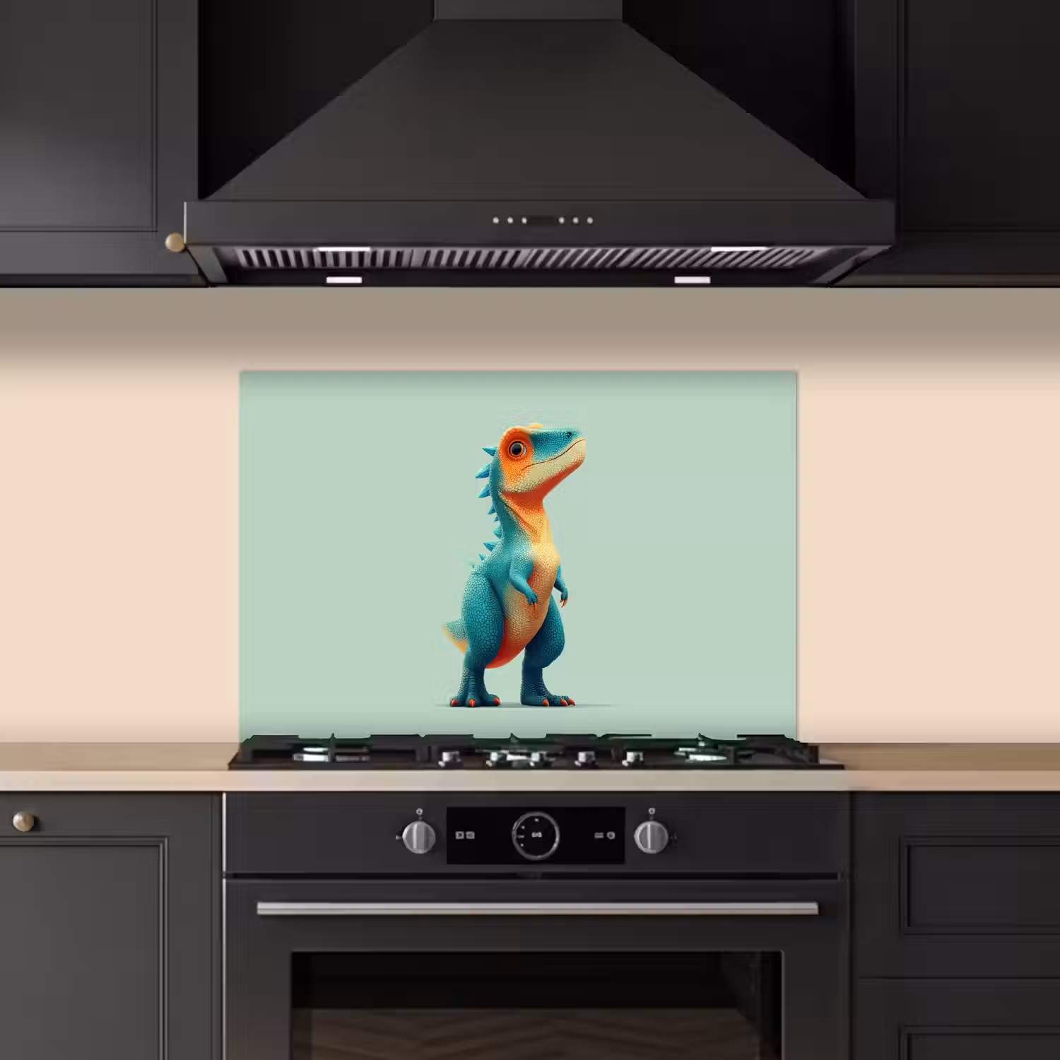 Cartoon - Dino - Oranje - Stekels keuken achterwand spatscherm klein -sfeer1