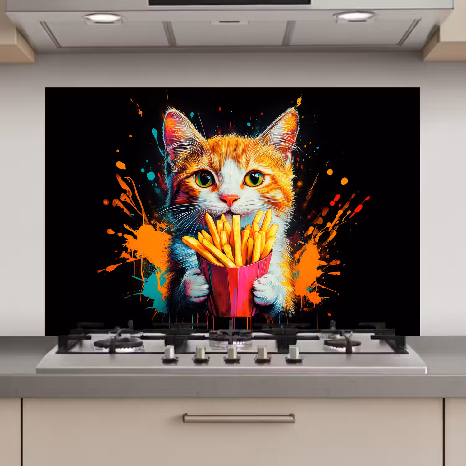 Kat - Eten - Patat - Graffiti - Abstract keuken achterwand spatscherm klein -3d_website
