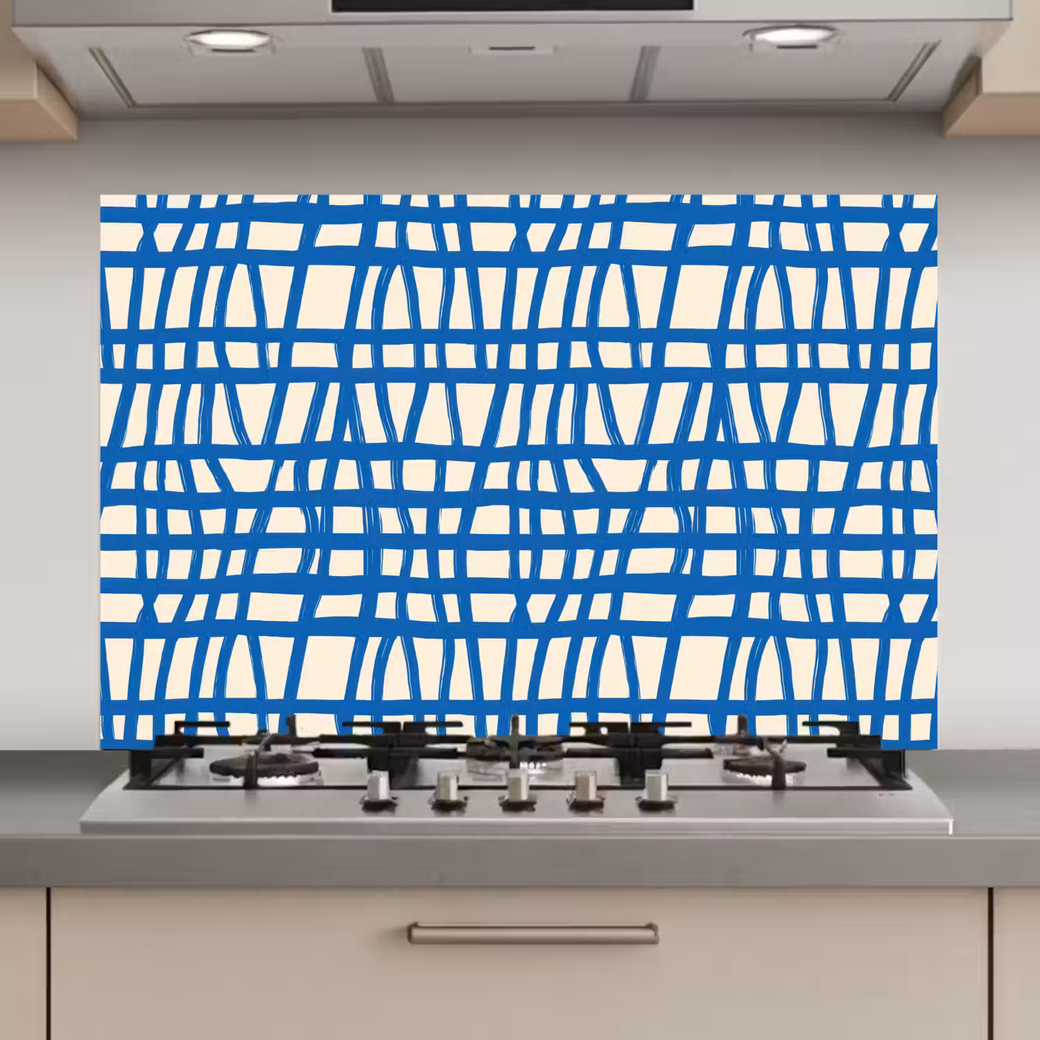Ruitpatroon - Blauw - Crème keuken achterwand spatscherm klein 900 -3d_website