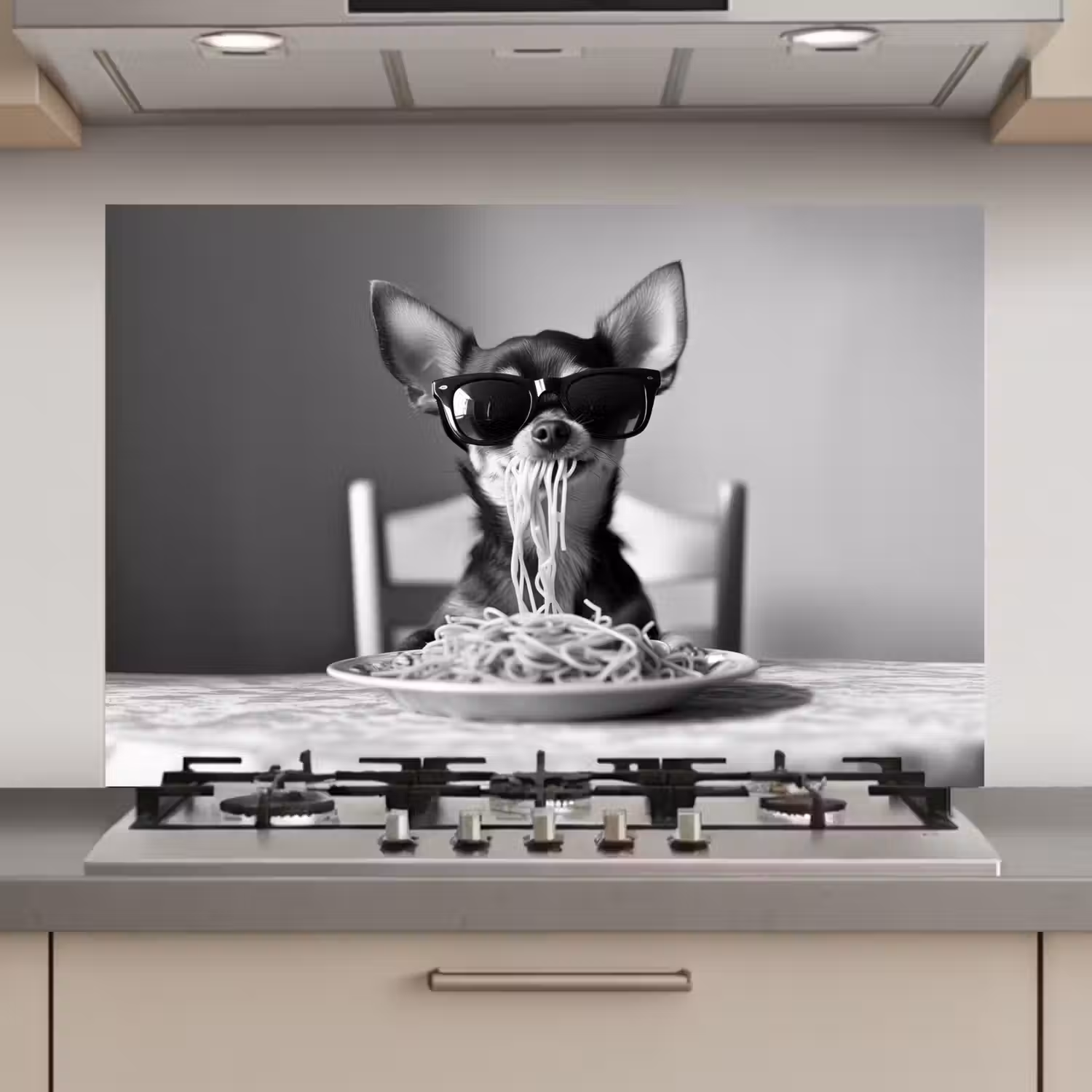 Chihuahua - Hond - Zonnebril - Humoristisch - Zwart - Wit - Spaghetti keuken achterwand spatscherm klein -3d_website
