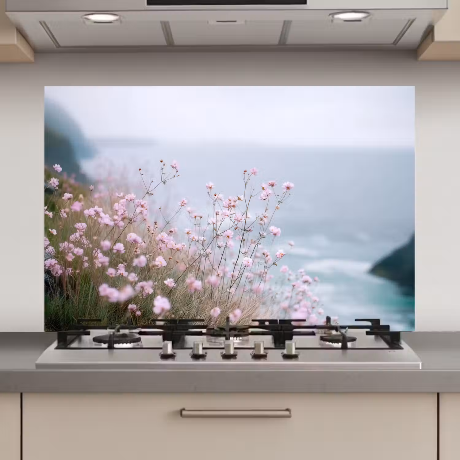 Klif - Bloemen - Zee - Roze keuken achterwand spatscherm klein -3d_website