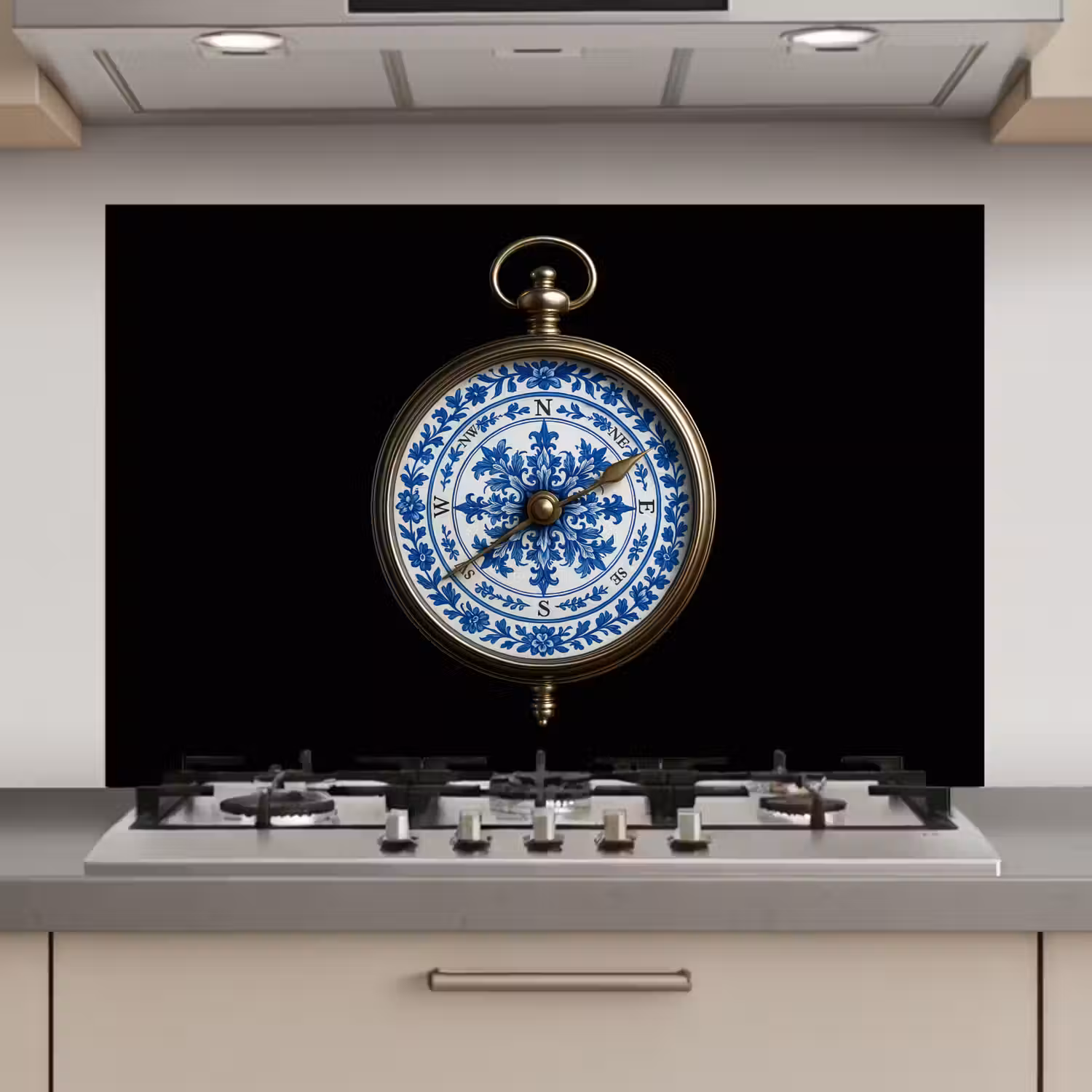 Kompas - Delfts blauw - Zwart keuken achterwand spatscherm klein -3d_website