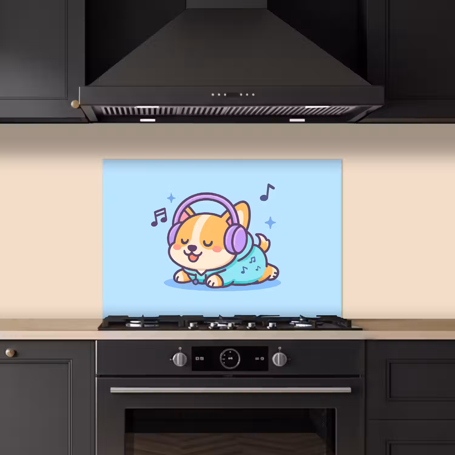 Corgi - Koptelefoon - Blauw - Muzieknoten keuken achterwand spatscherm klein -sfeer1