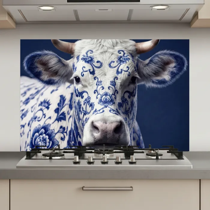 Koe - Delfts - Blauw - Artistiek keuken achterwand spatscherm klein -3d_website
