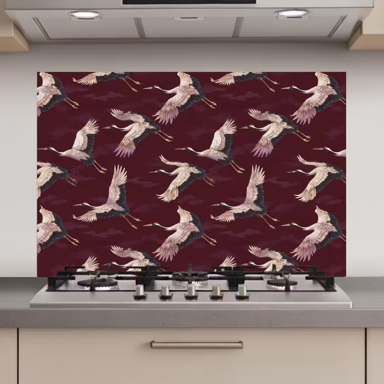 Kraanvogels - Klassiek - Bordeaux keuken achterwand spatscherm klein 900 -3d_website