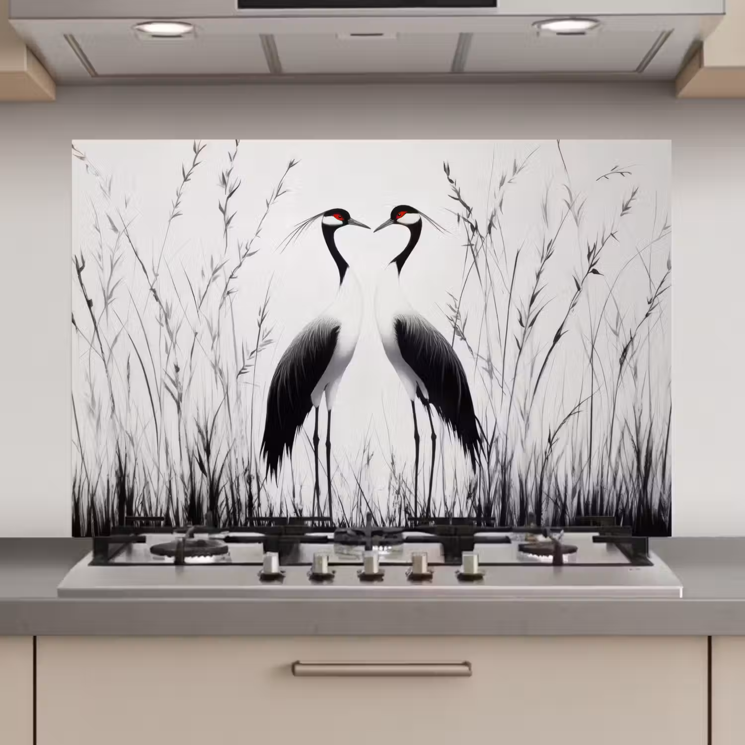Kraanvogels - Gras - Hartvorm - Zwart keuken achterwand spatscherm klein -3d_website