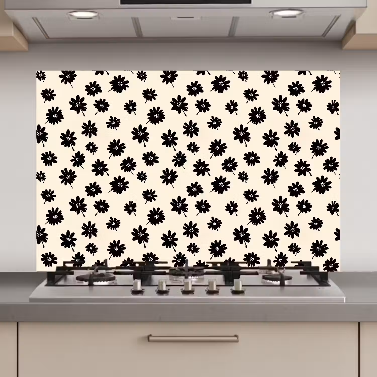Madeliefjes - Grafisch - Zwart - Beige keuken achterwand spatscherm klein 900 -3d_website
