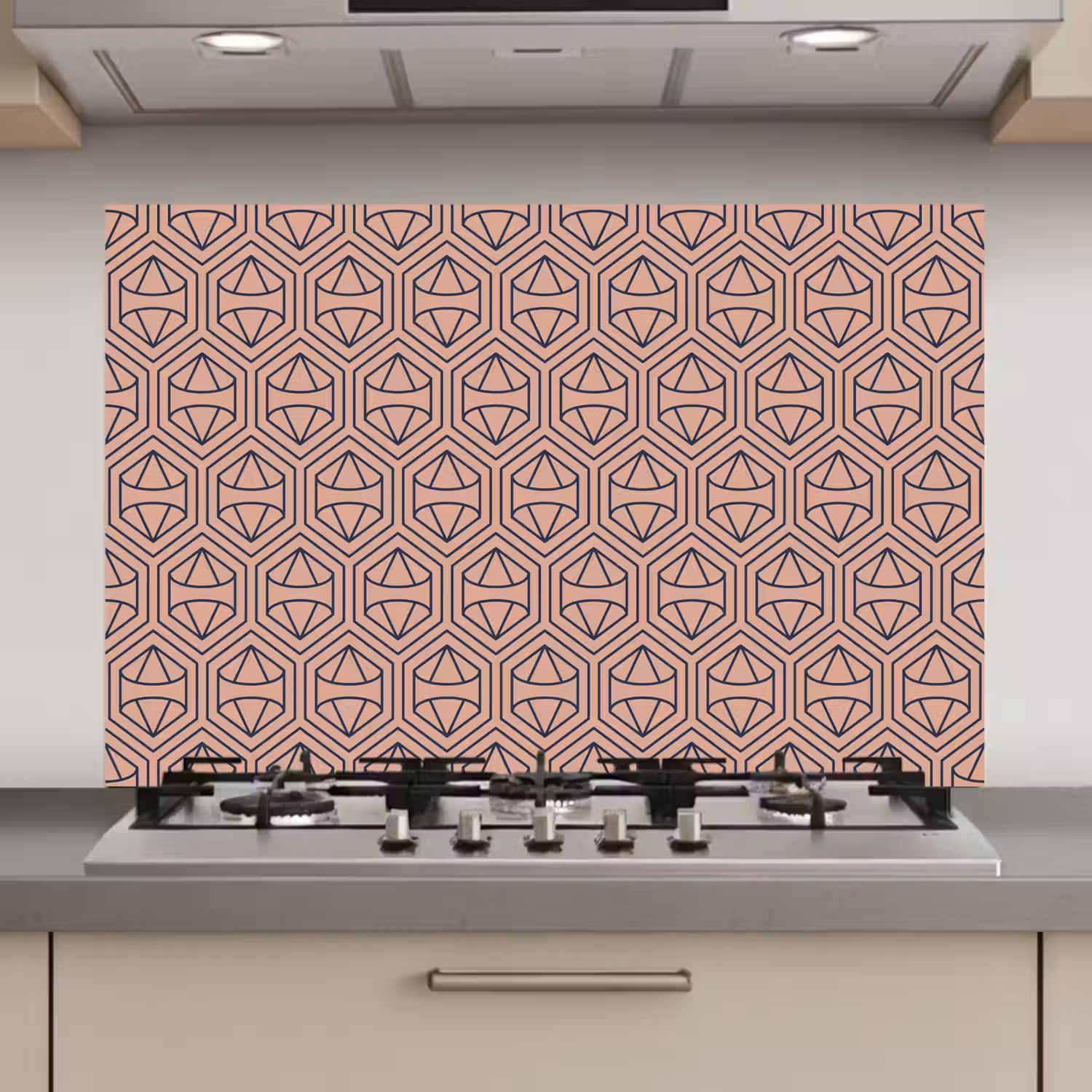 Donkerblauw - Roze - Patroom - Symmetrisch keuken achterwand spatscherm klein 900 -3d_website