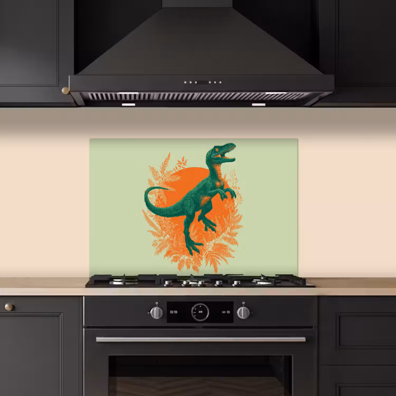 Dinosaurus - Groen - Planten - Cirkel keuken achterwand spatscherm klein -sfeer1