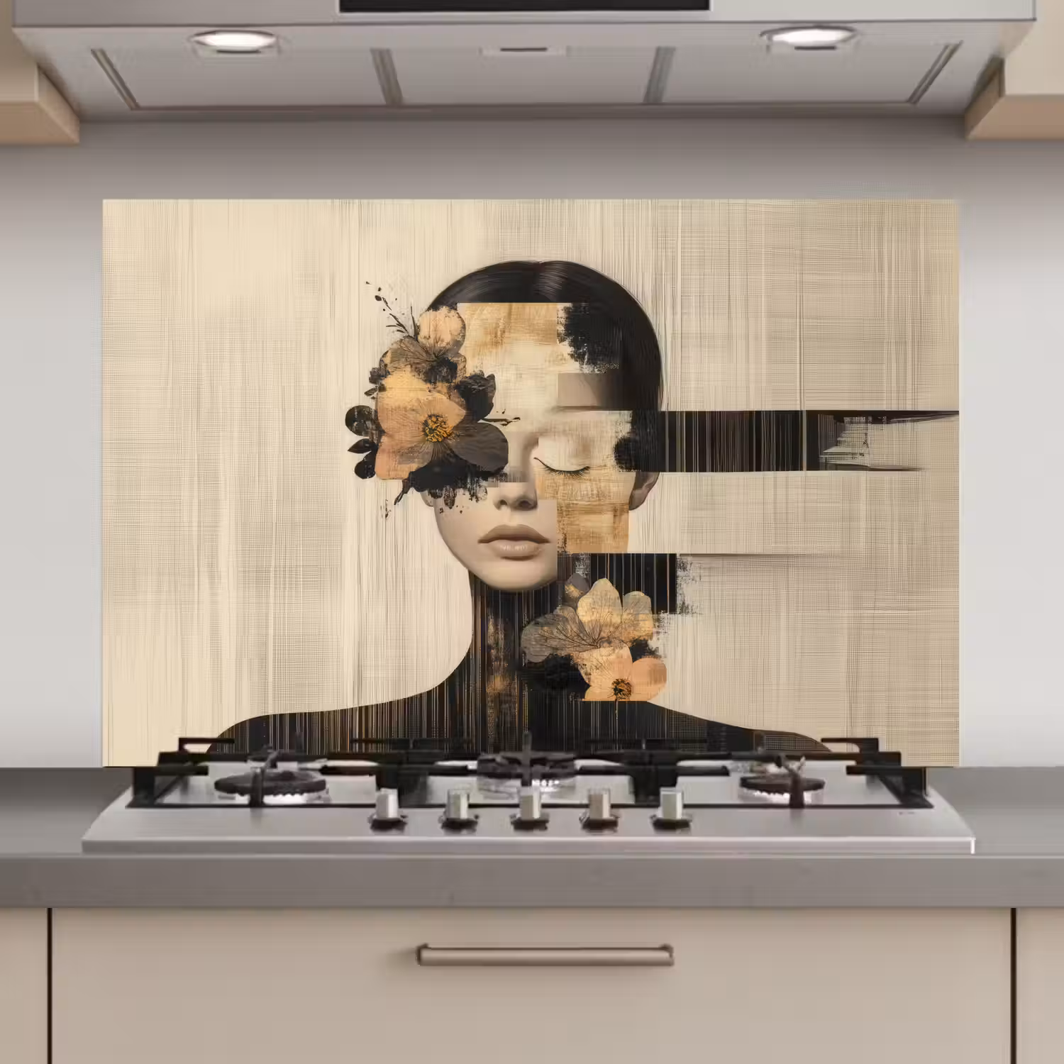 Gezicht - Bloemen - Zwart - Vrouw keuken achterwand spatscherm klein -3d_website