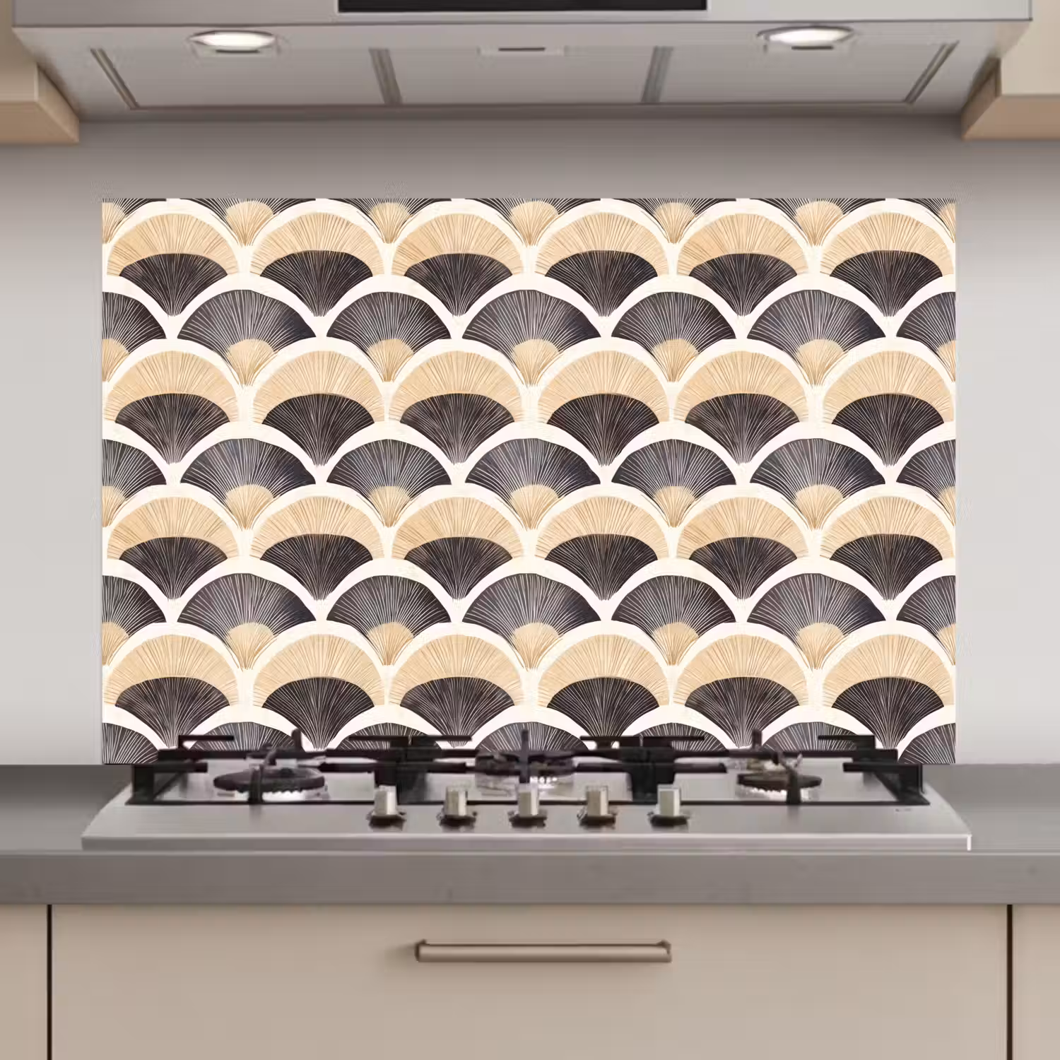 Waaier - Patroon - Zwart - Beige keuken achterwand spatscherm klein 900 -3d_website