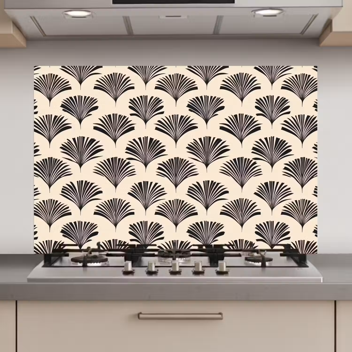 Waaiers - Botanisch - Zwart - Beige keuken achterwand spatscherm klein 900 -3d_website