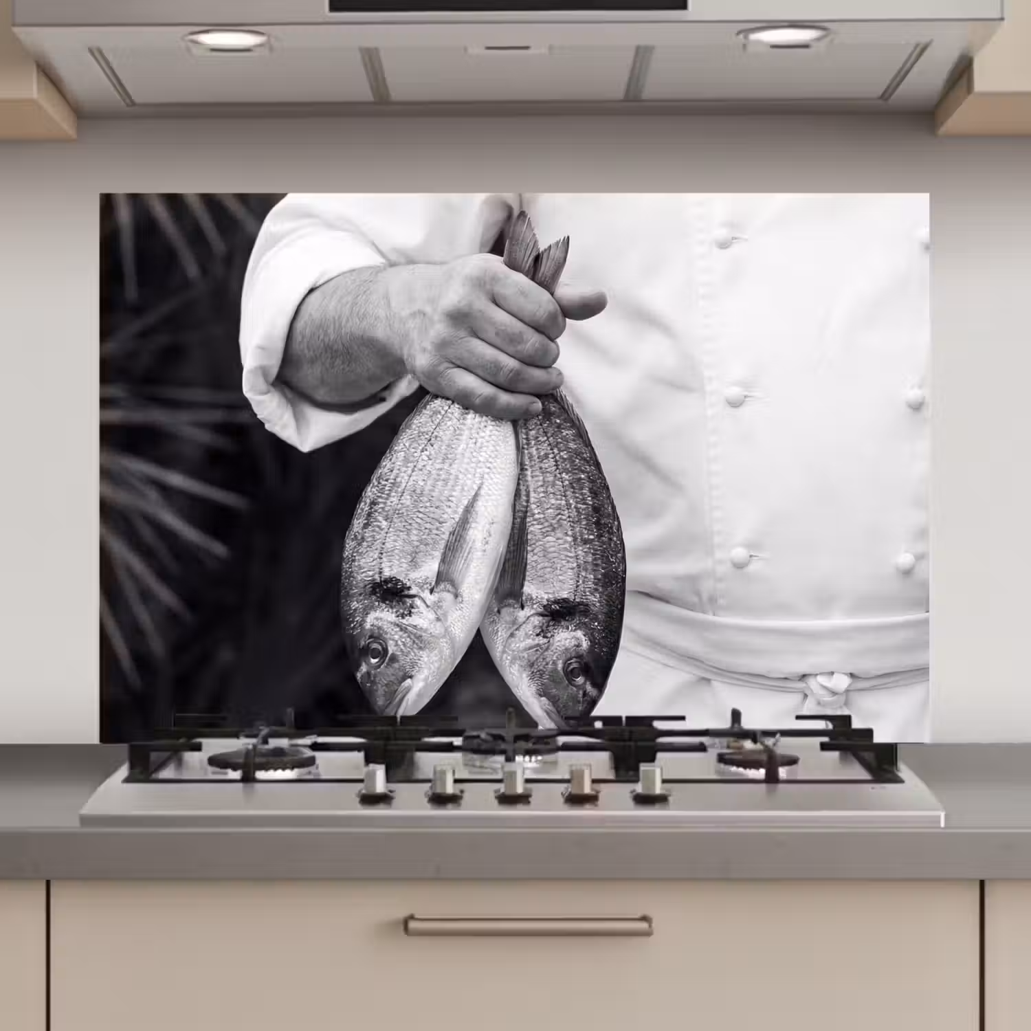 Vissen - Chef - Zwart - Wit keuken achterwand spatscherm klein -3d_website