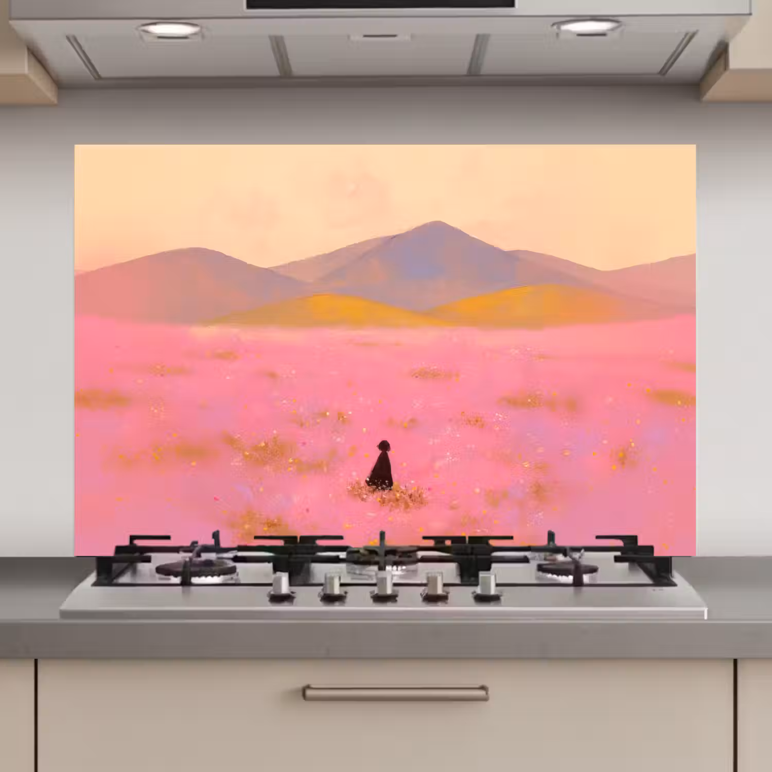 Bloemenweide - Heuvels - Silhouet - Roze keuken achterwand spatscherm klein -3d_website