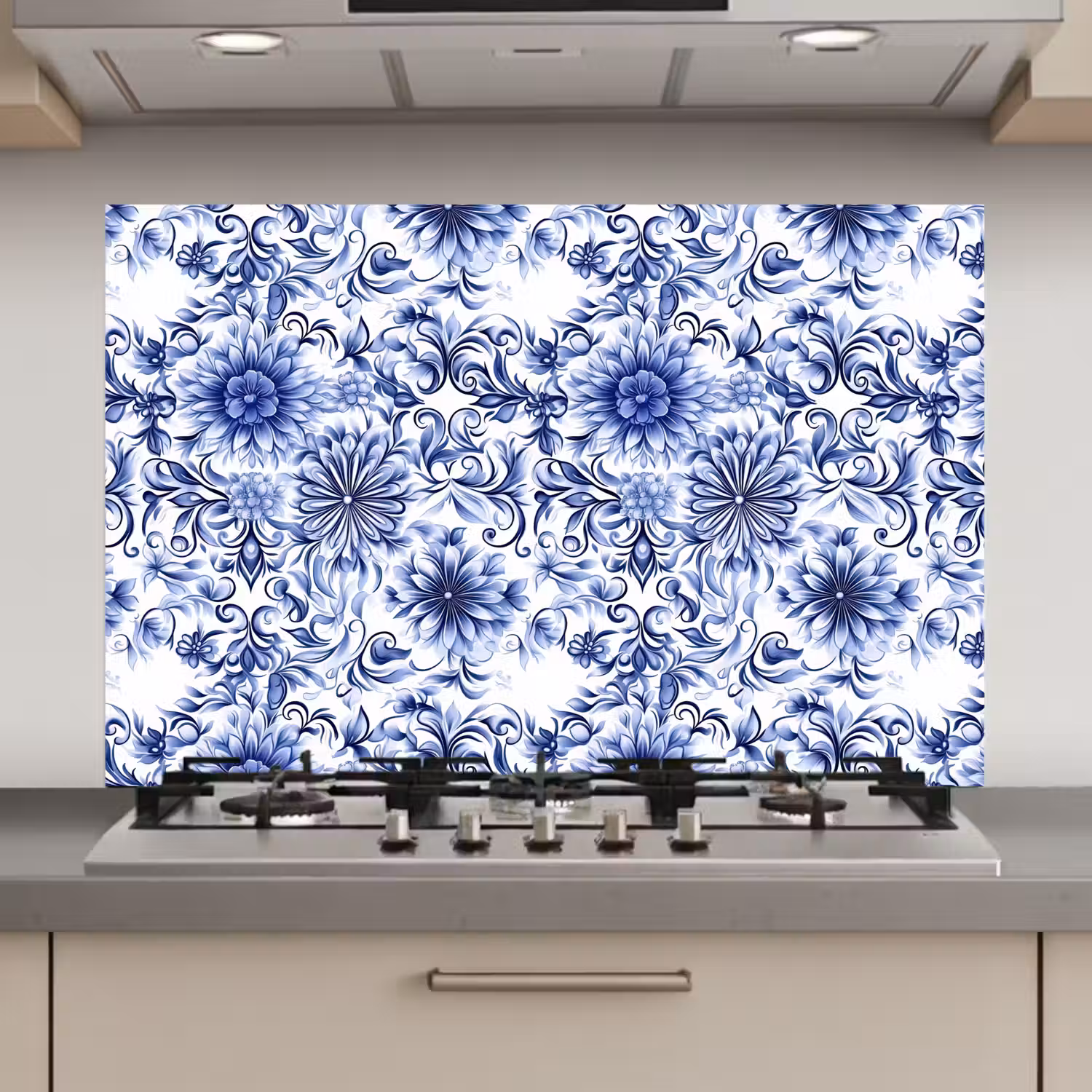 Bloemen - Blauw - Patroon - Wit keuken achterwand spatscherm klein 900 -3d_website