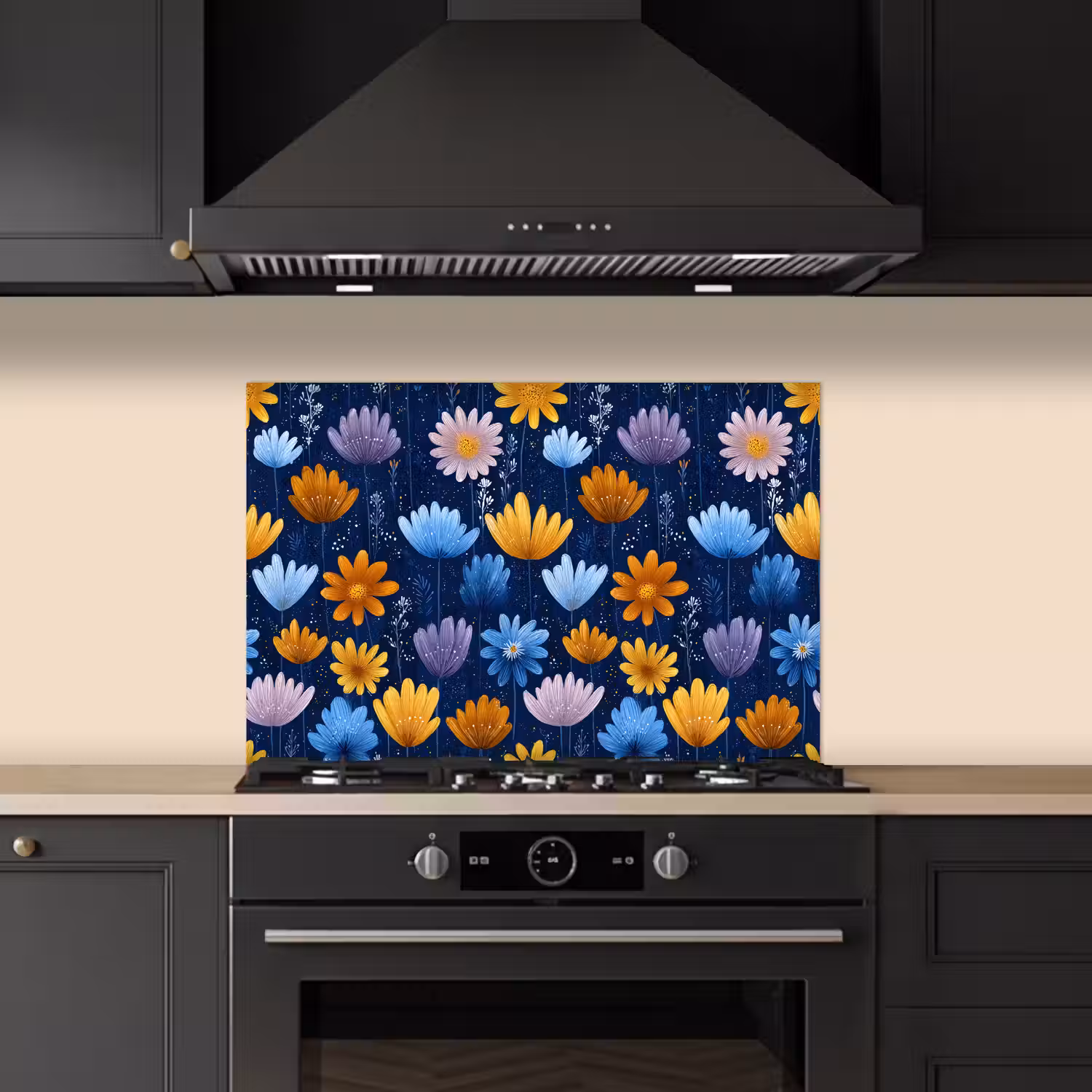 Bloemen - Patroon - Blauw - Contrast keuken achterwand spatscherm klein -sfeer1