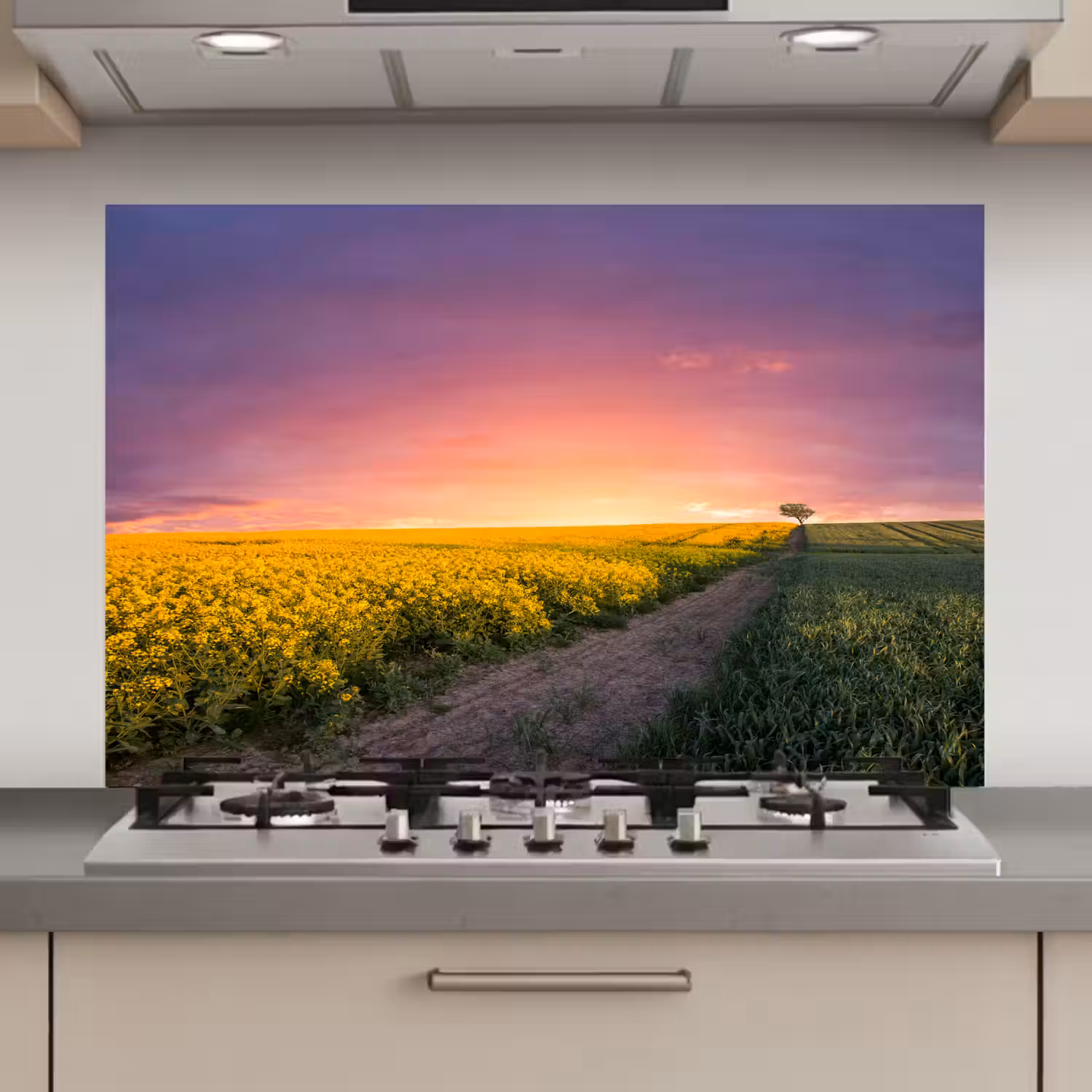 Bloemen - Weg - Lucht - Geel - Paars - Zonsondergang - Natuur keuken achterwand spatscherm klein -3d_website