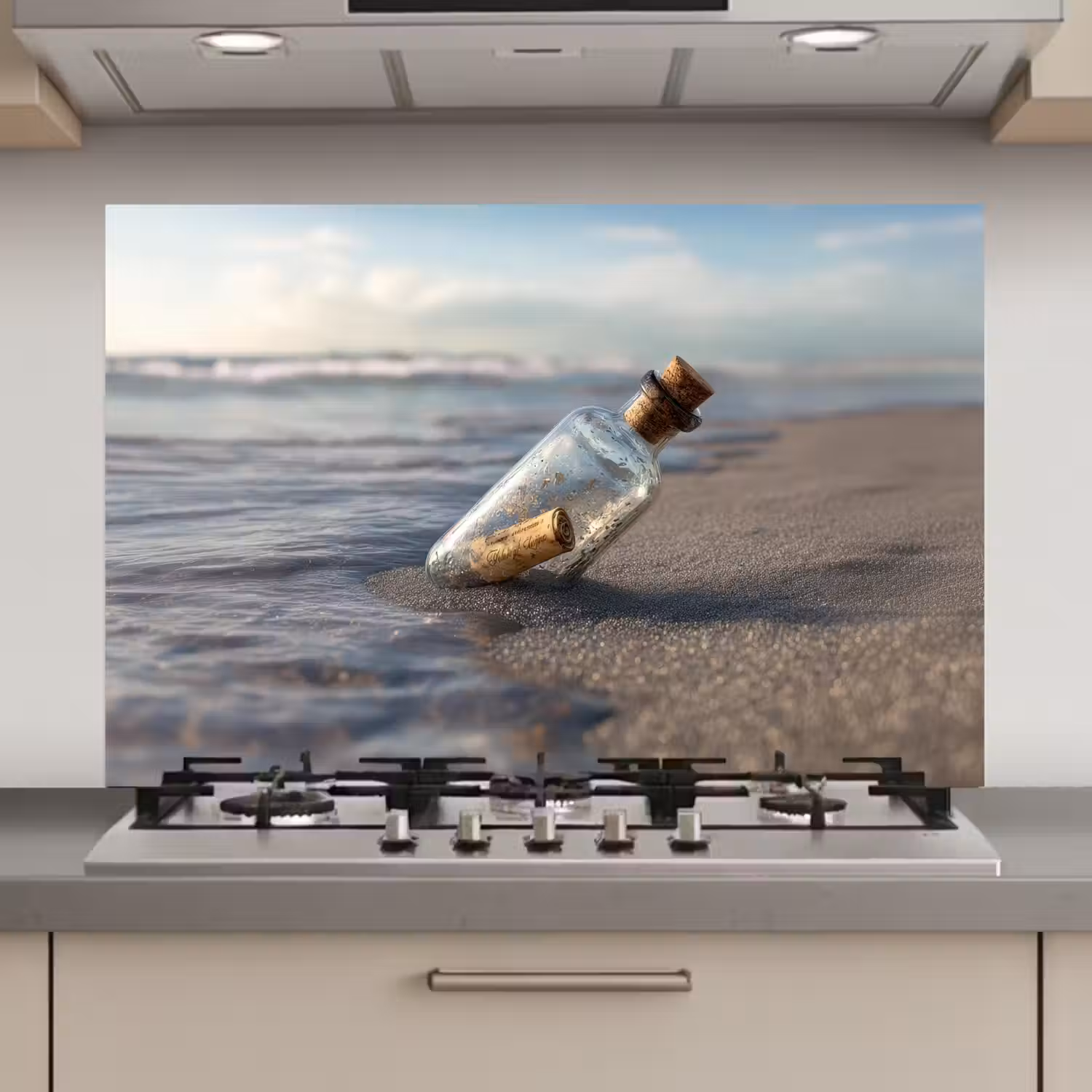 Glazenfles - Post - Zee - Zand keuken achterwand spatscherm klein -3d_website