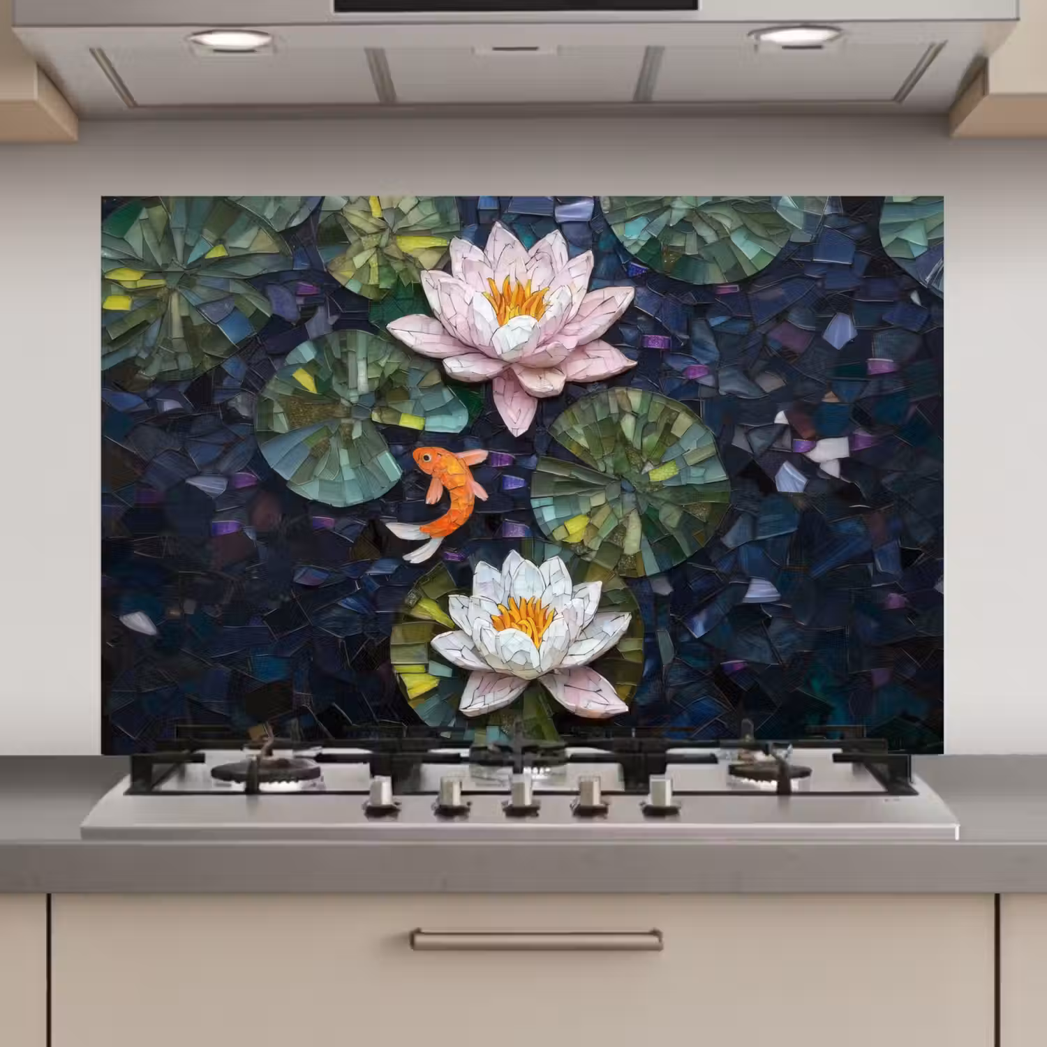 Glasstukjes - Leliebladeren - Vis - Oranje keuken achterwand spatscherm klein -3d_website