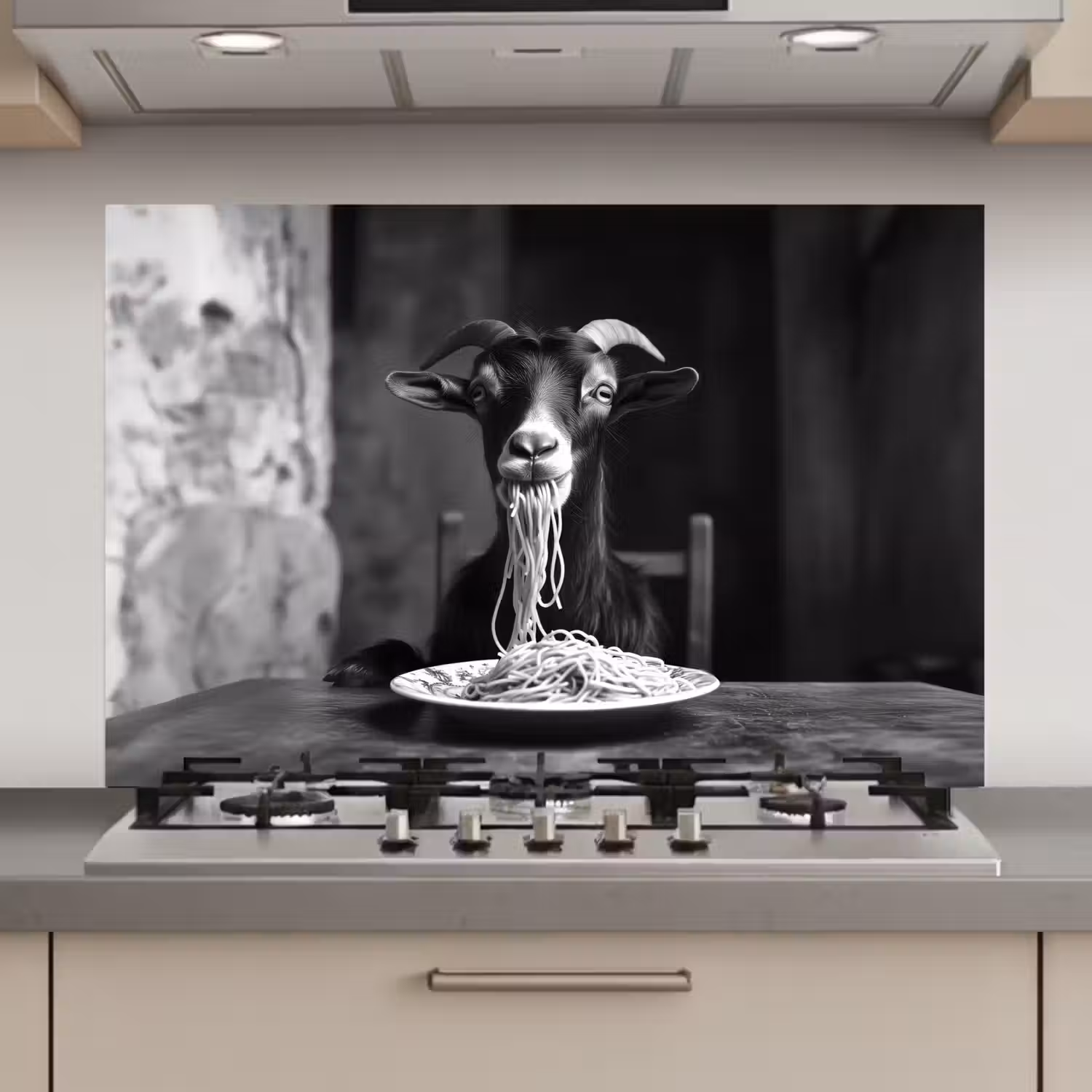 Geit - Bord - Spaghetti - Zwart Wit keuken achterwand spatscherm klein -3d_website