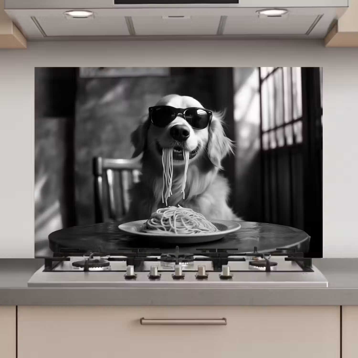 Golden Retriever - Hond - Vrolijk - Bord spaghetti - Zwart - wit keuken achterwand spatscherm klein -3d_website