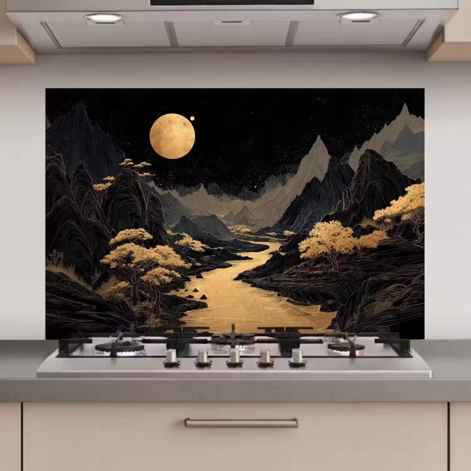 Gouden rivier - Bergen - Maan - Sterrenhemel keuken achterwand spatscherm klein -3d_website