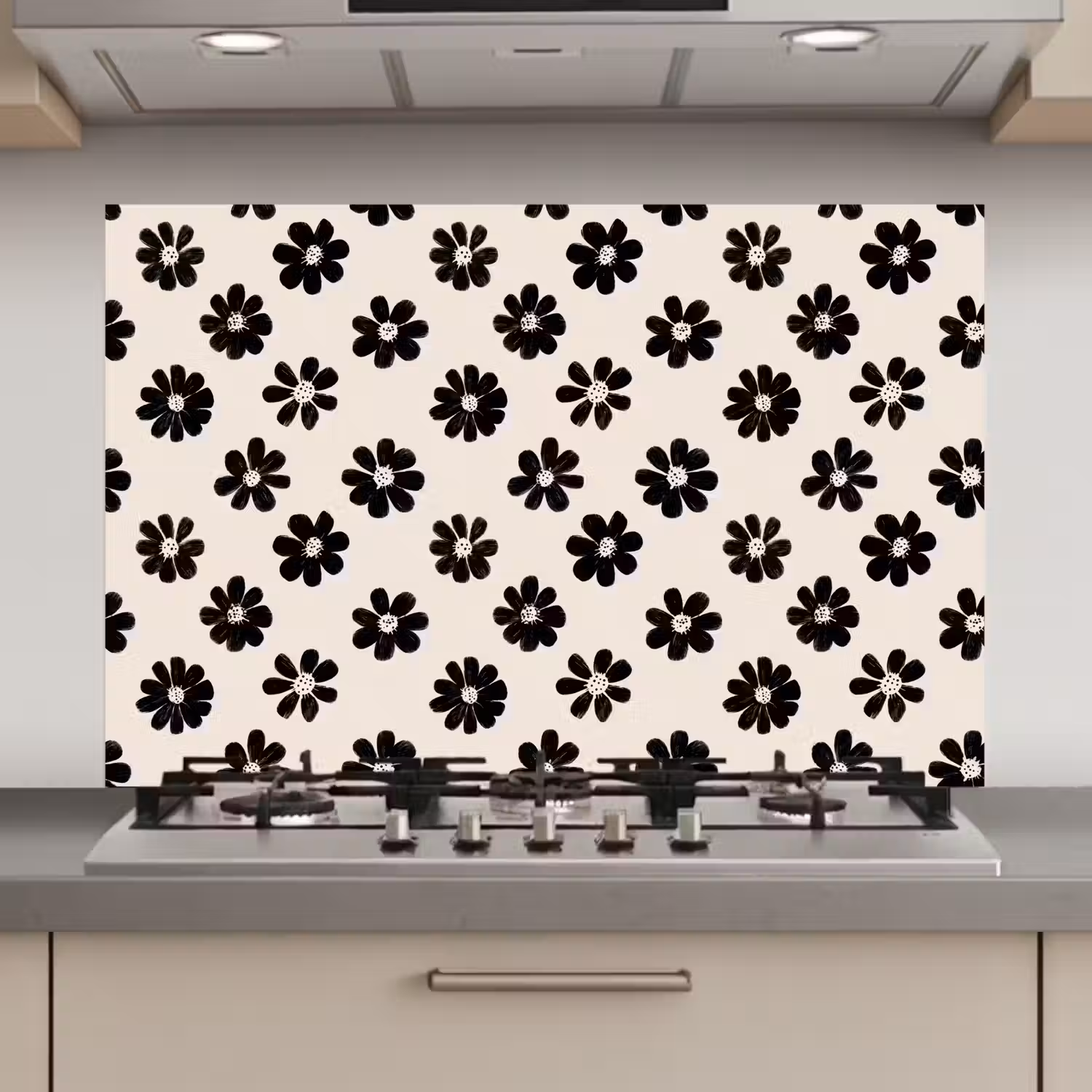 Grafisch - Madeliefjes - Zwart - Beige keuken achterwand spatscherm klein 900 -3d_website