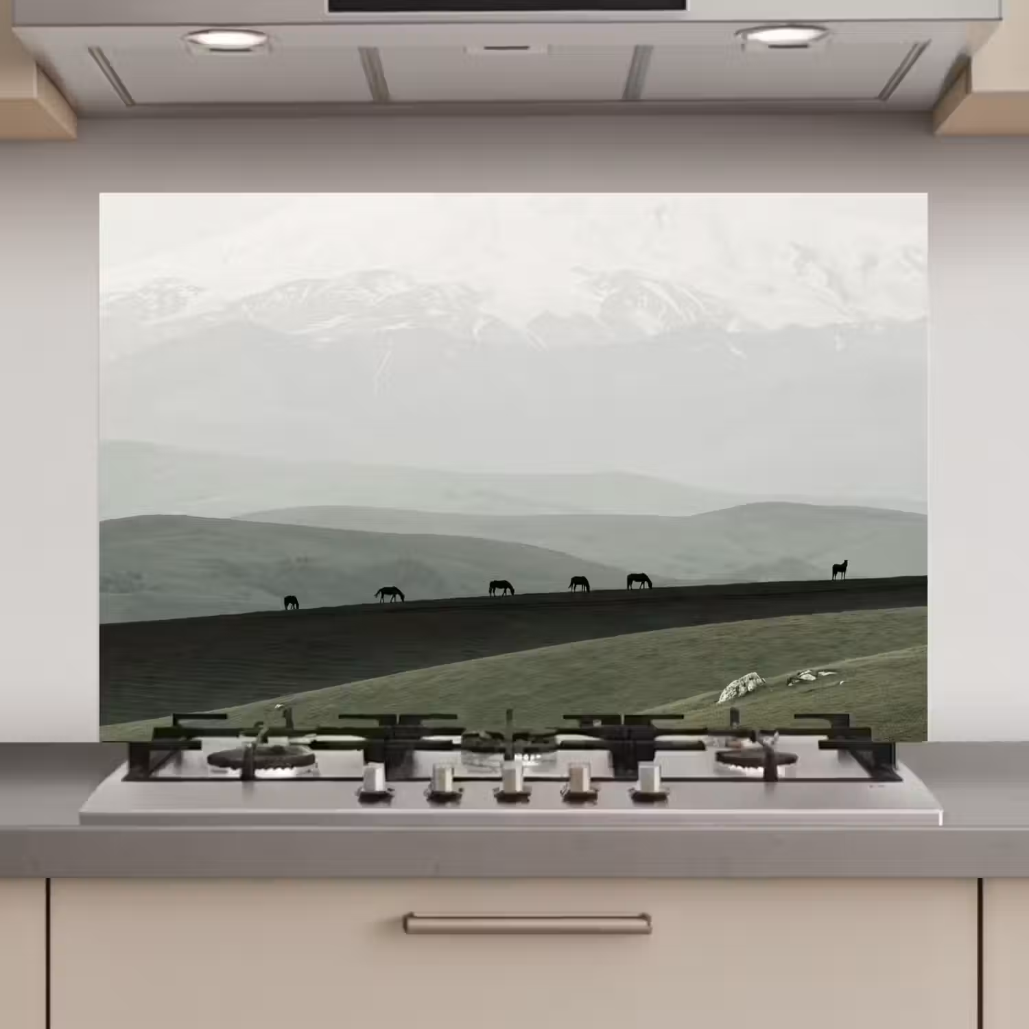 Grijs - Berg - Paarden keuken achterwand spatscherm klein -3d_website