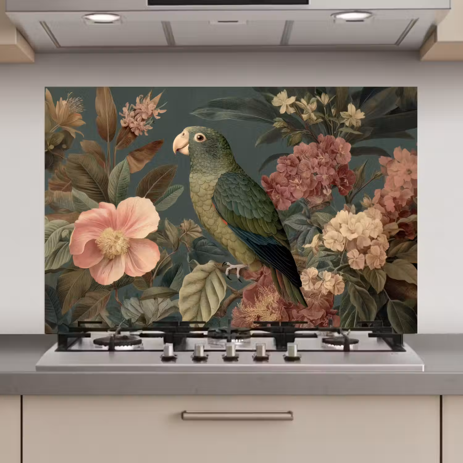 Groene papegaai - Kleurrijke bloemen - Donkere achtergrond keuken achterwand spatscherm klein -3d_website