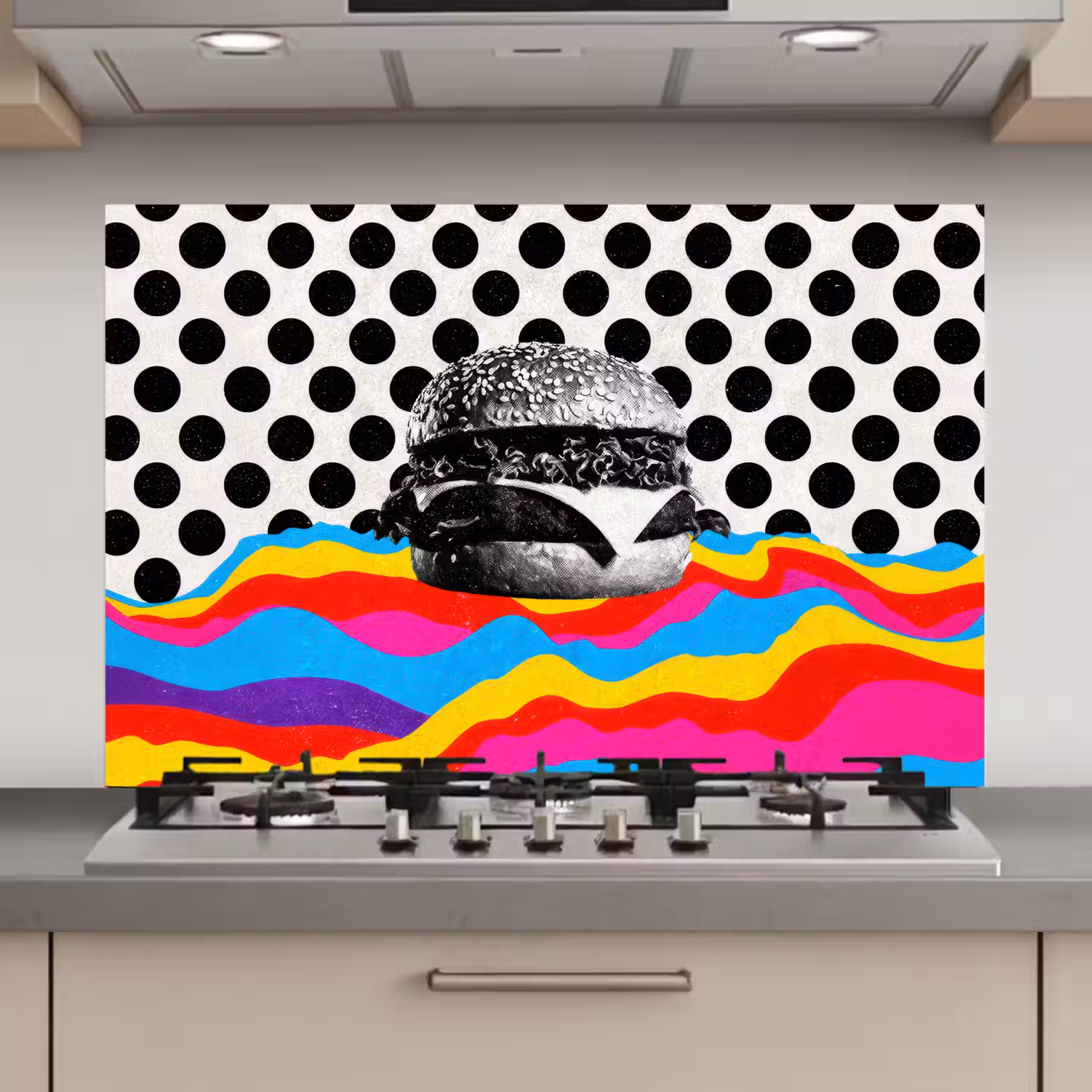 Hamburger - Stippen - Golven - Kleuren keuken achterwand spatscherm klein -3d_website